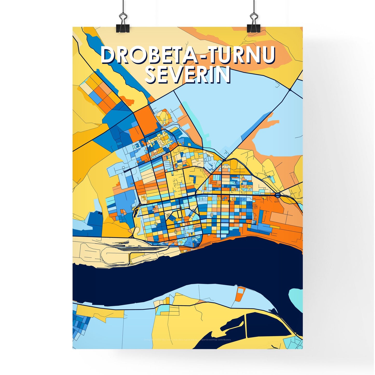 DROBETA-TURNU SEVERIN ROMANIA Vibrant Colorful Art Map Poster Blue Orange