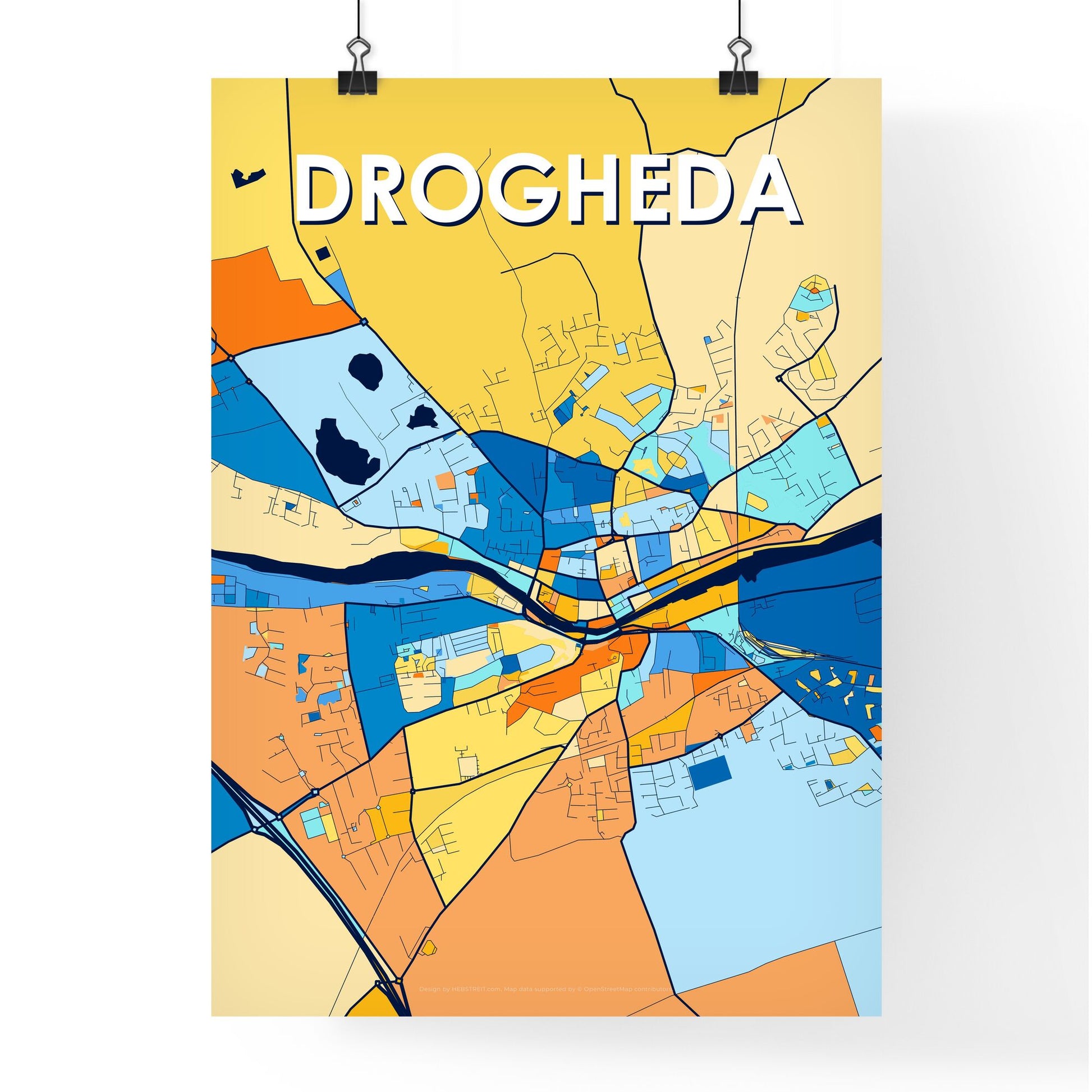 DROGHEDA IRELAND Vibrant Colorful Art Map Poster Blue Orange