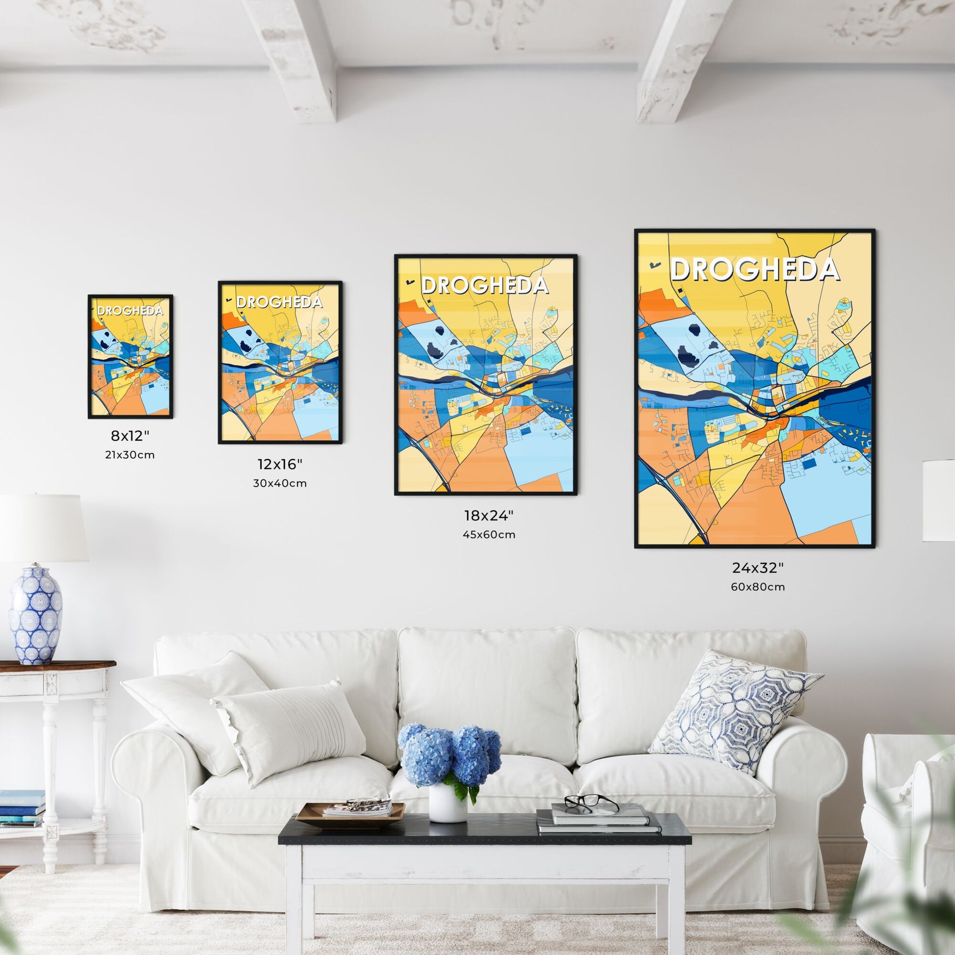 DROGHEDA IRELAND Vibrant Colorful Art Map Poster Blue Orange