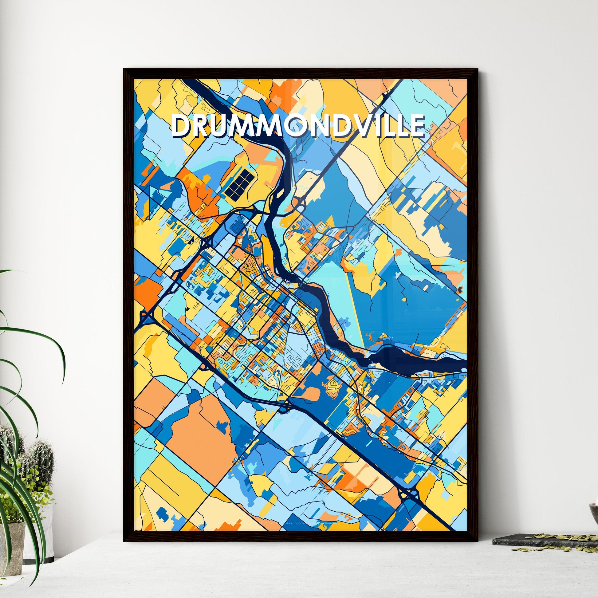 DRUMMONDVILLE CANADA Vibrant Colorful Art Map Poster Blue Orange