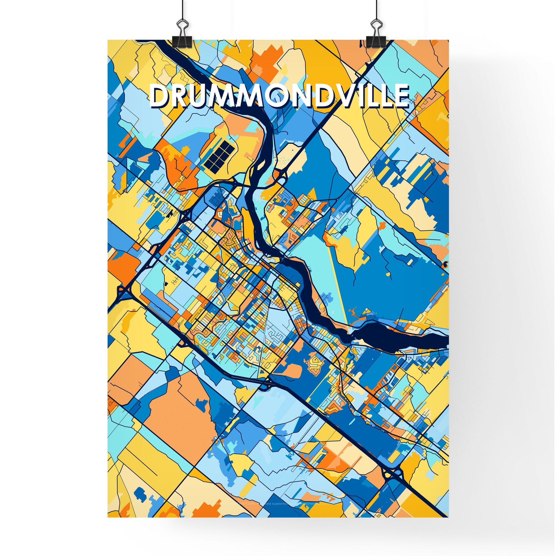 DRUMMONDVILLE CANADA Vibrant Colorful Art Map Poster Blue Orange