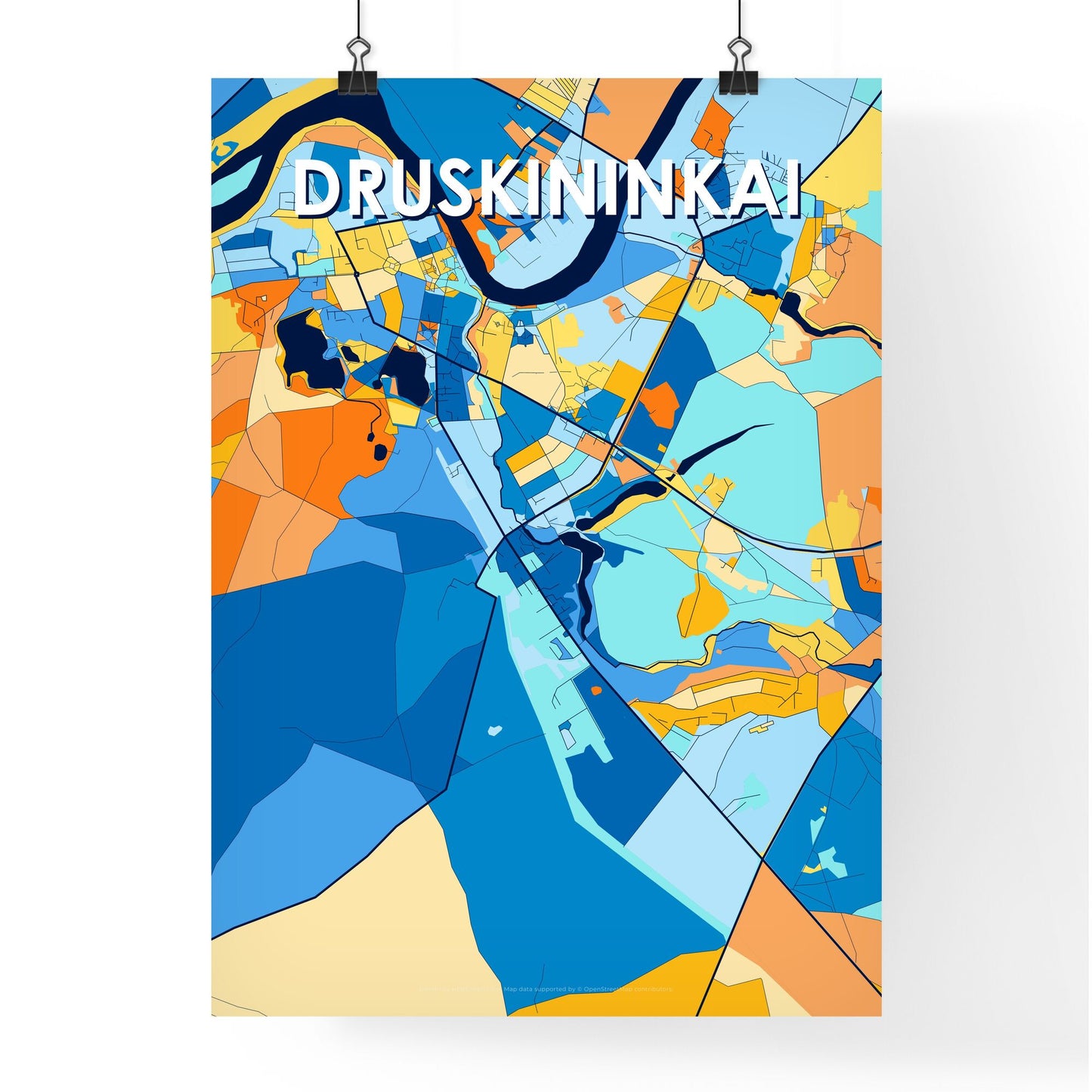 DRUSKININKAI LITHUANIA Vibrant Colorful Art Map Poster Blue Orange