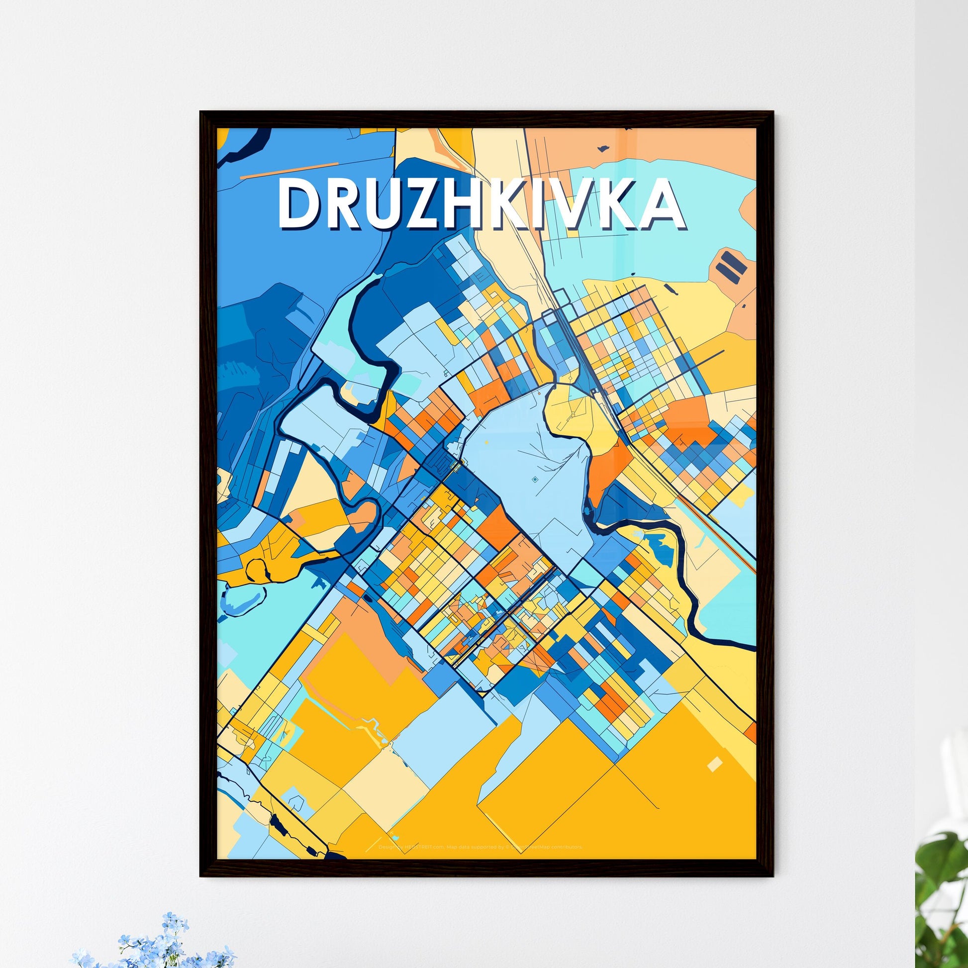 DRUZHKIVKA UKRAINE Vibrant Colorful Art Map Poster Blue Orange