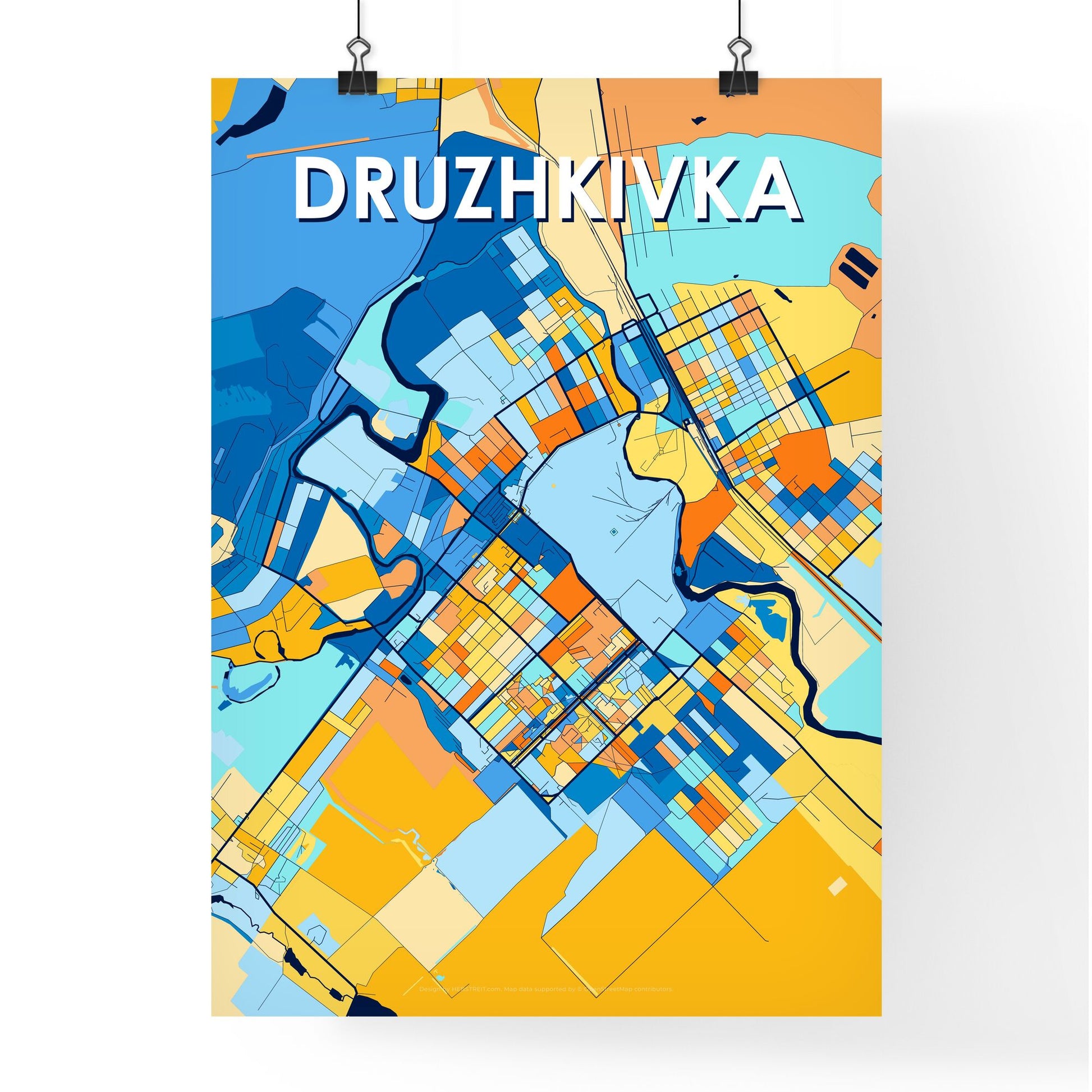 DRUZHKIVKA UKRAINE Vibrant Colorful Art Map Poster Blue Orange