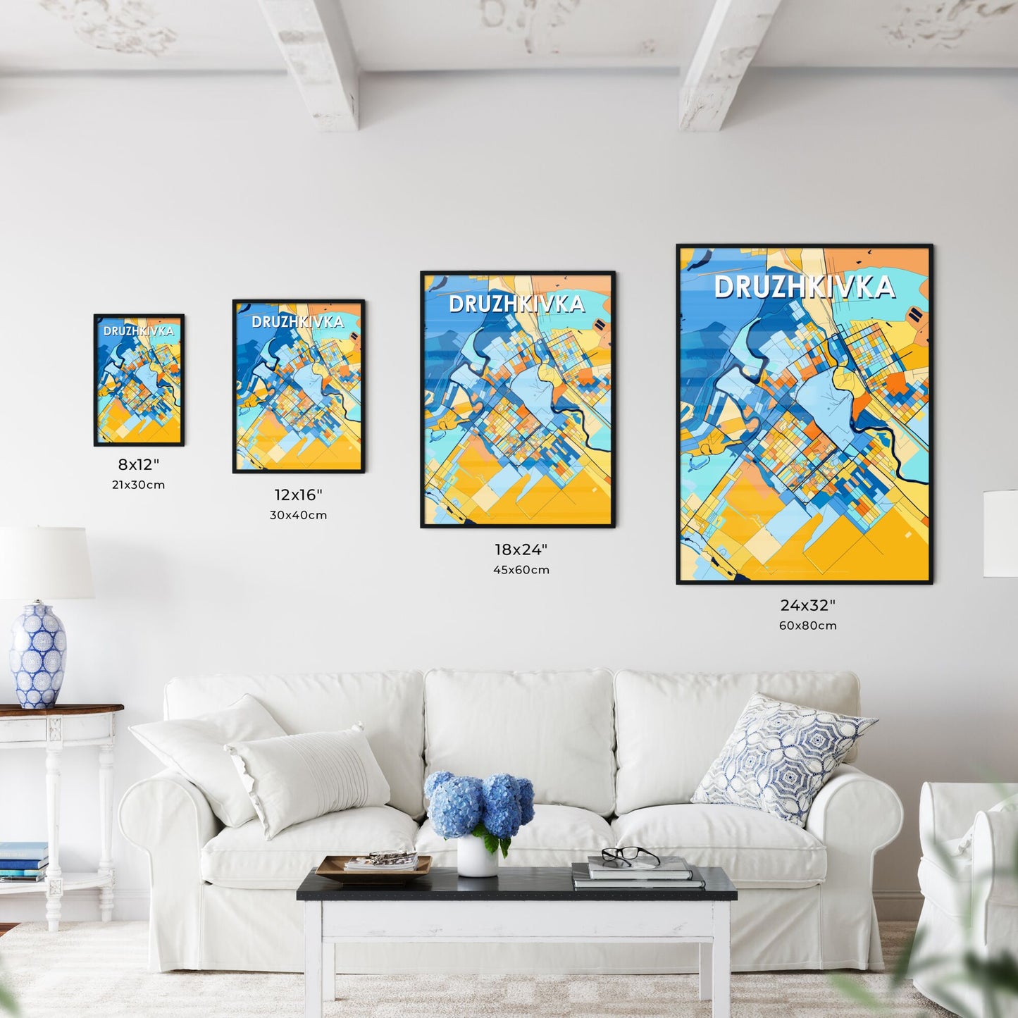 DRUZHKIVKA UKRAINE Vibrant Colorful Art Map Poster Blue Orange