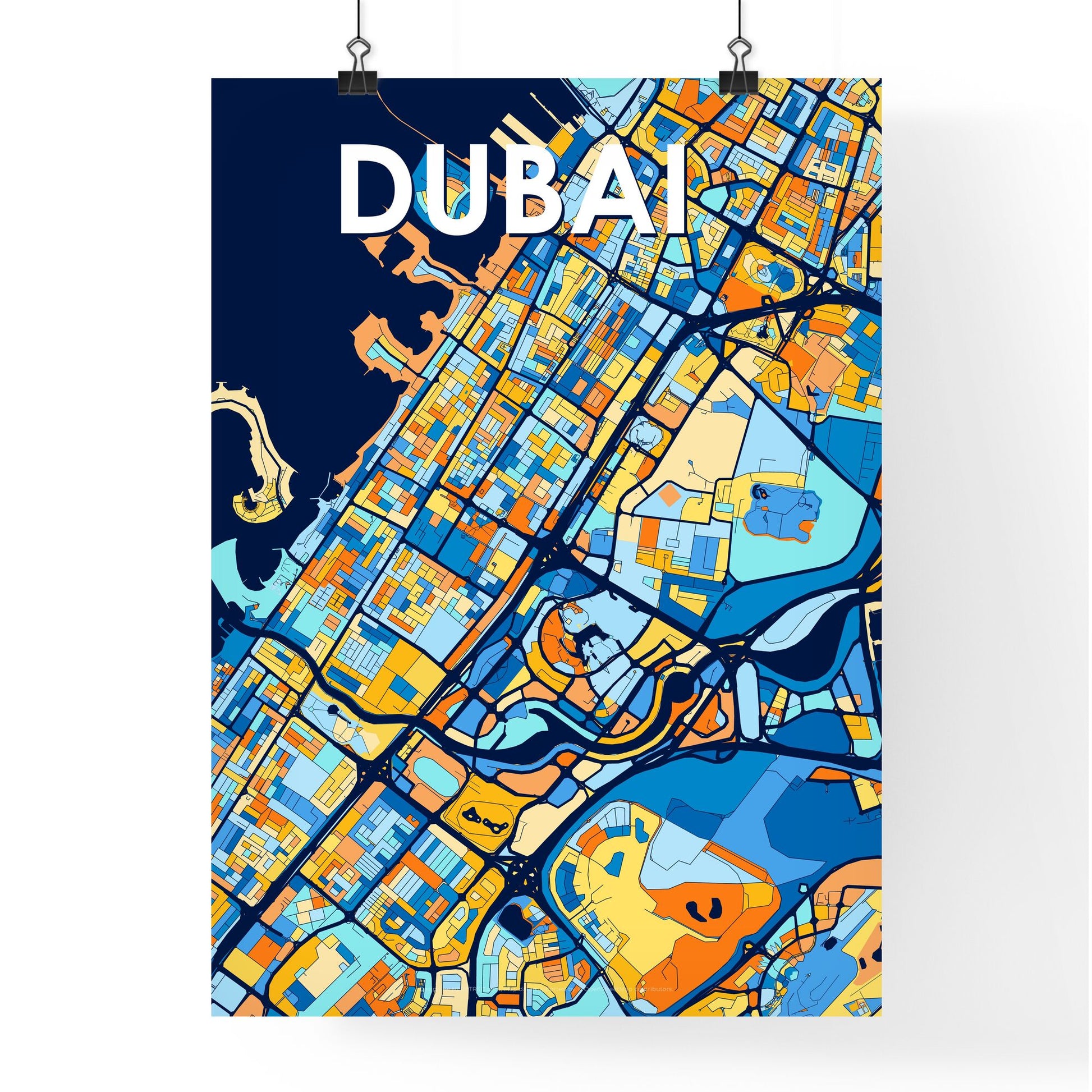 DUBAI UNITED ARAB EMIRATES Vibrant Colorful Art Map Poster Blue Orange