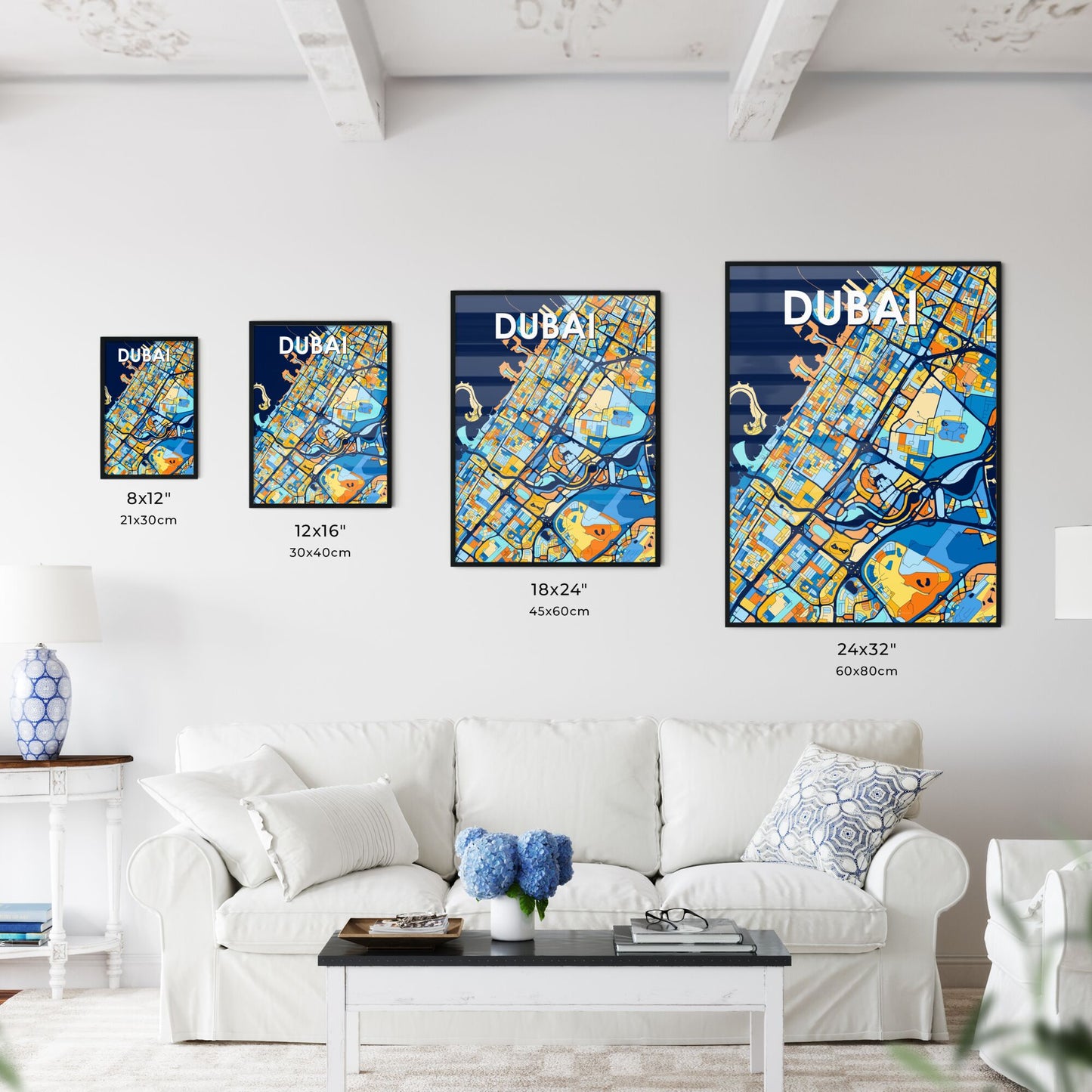 DUBAI UNITED ARAB EMIRATES Vibrant Colorful Art Map Poster Blue Orange