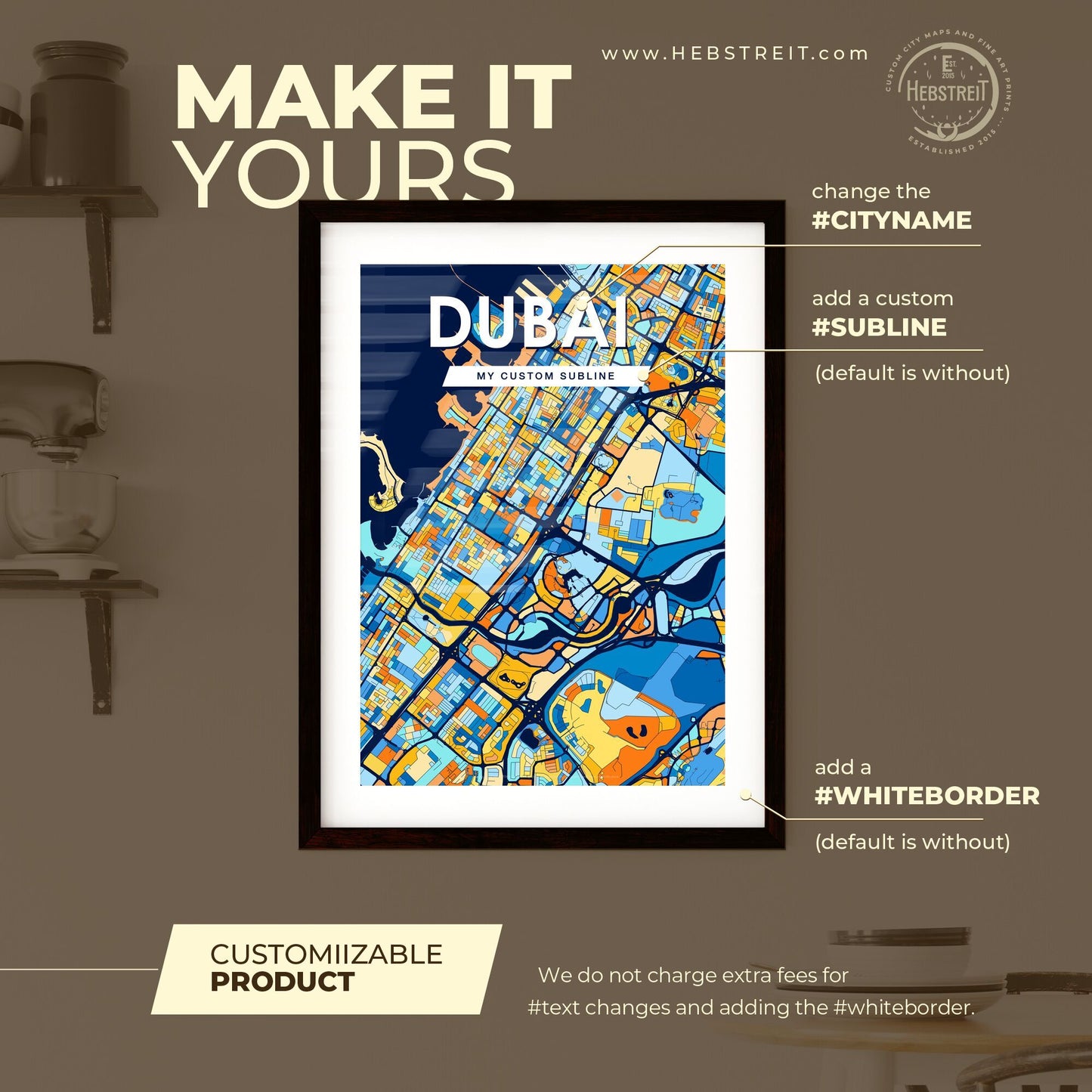 DUBAI UNITED ARAB EMIRATES Vibrant Colorful Art Map Poster Blue Orange