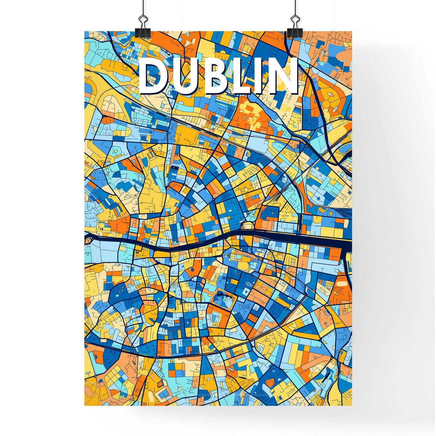 DUBLIN IRELAND Vibrant Colorful Art Map Poster Blue Orange