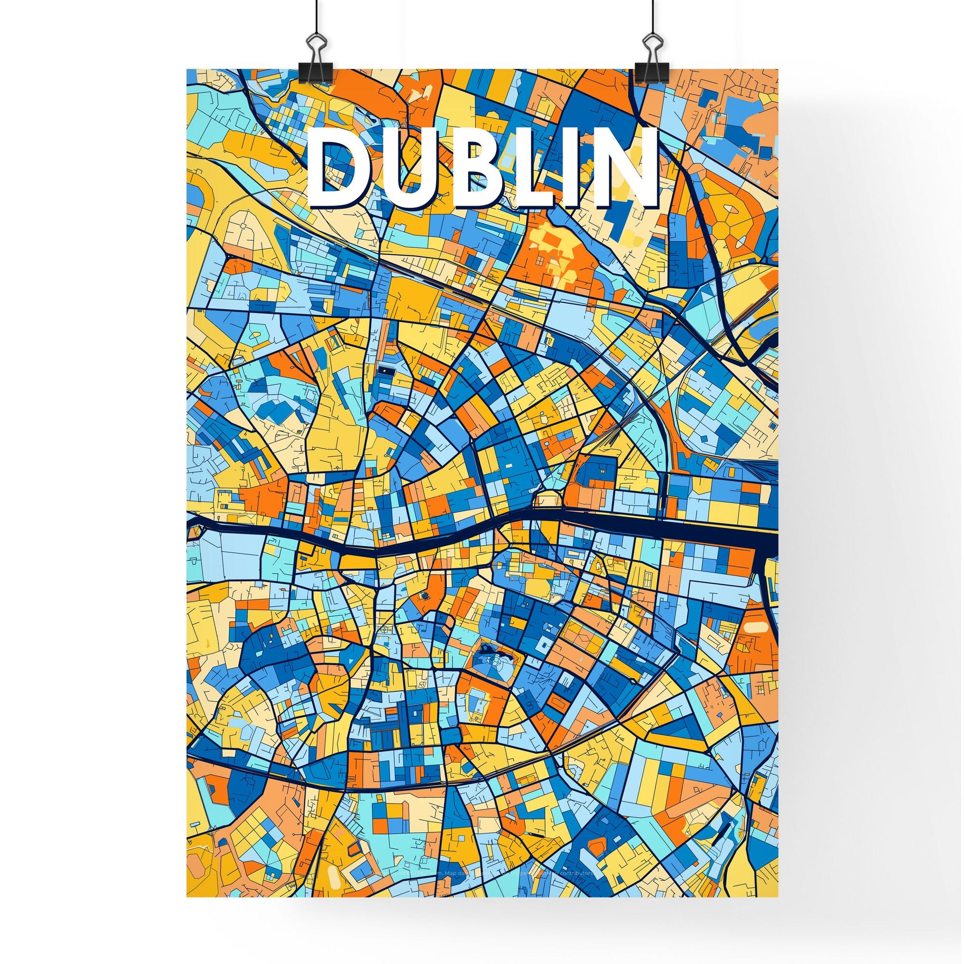 DUBLIN IRELAND Vibrant Colorful Art Map Poster Blue Orange