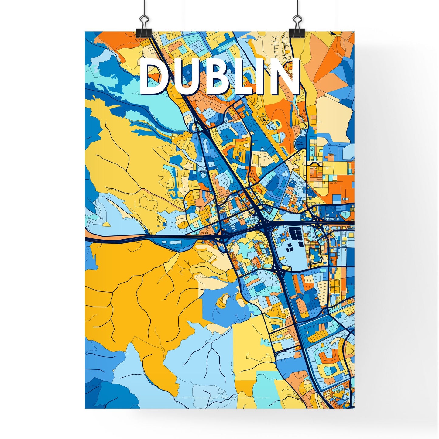 DUBLIN CALIFORNIA Vibrant Colorful Art Map Poster Blue Orange