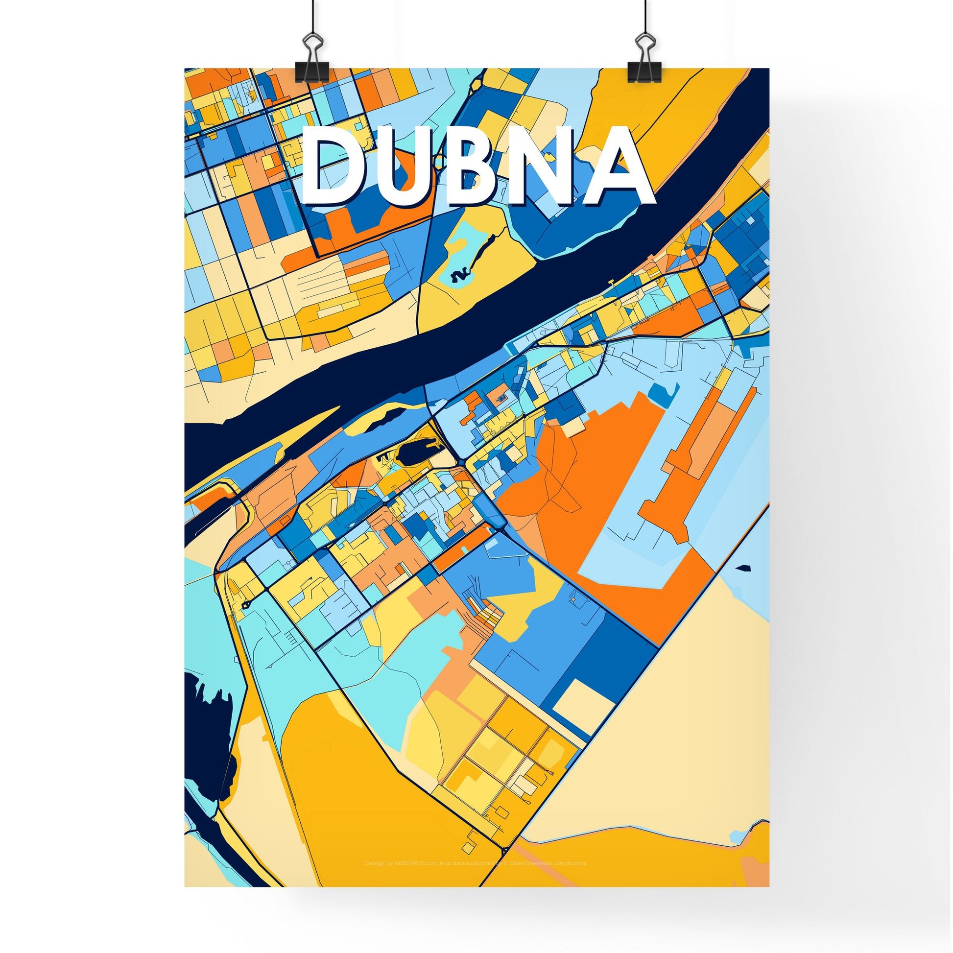 DUBNA RUSSIA Vibrant Colorful Art Map Poster Blue Orange