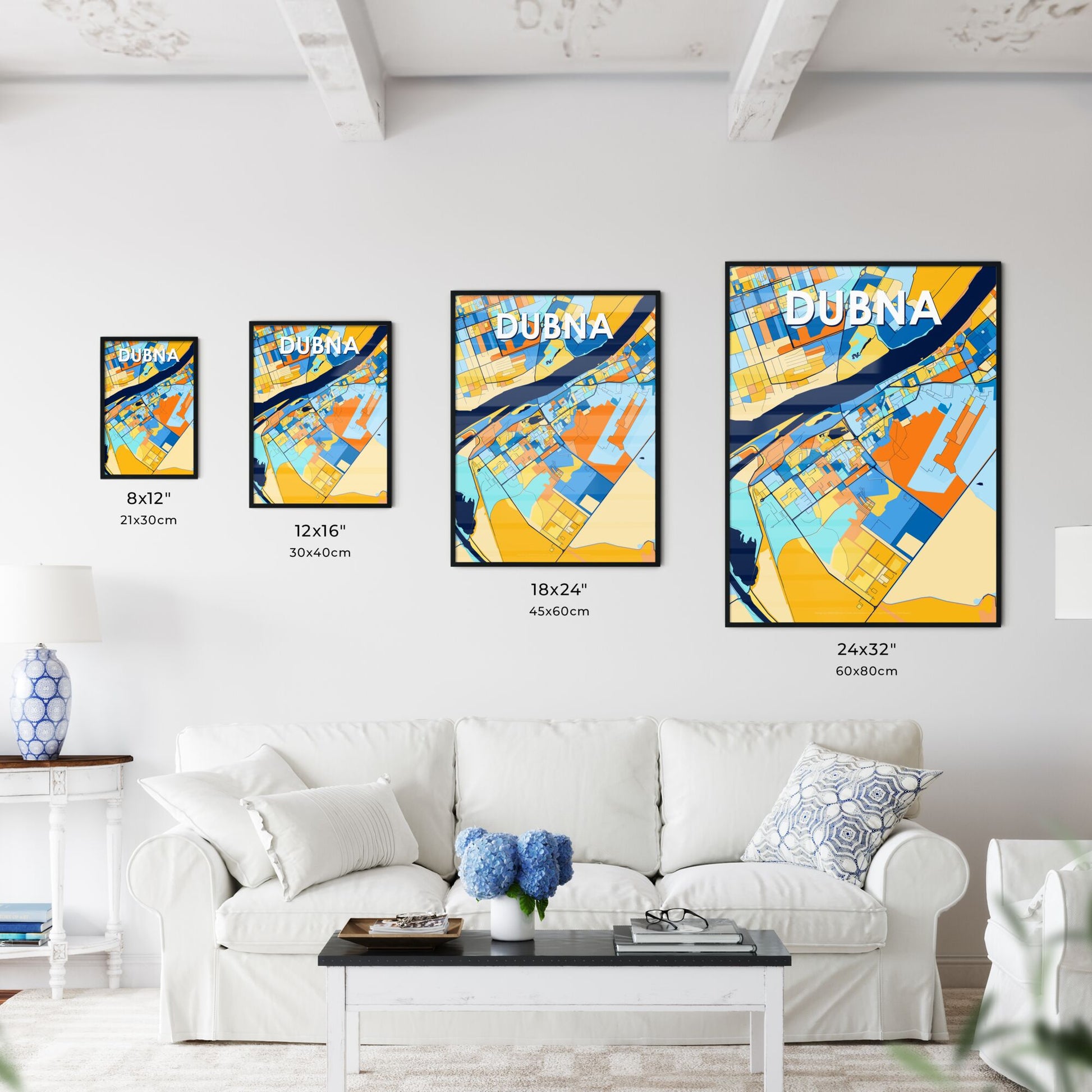 DUBNA RUSSIA Vibrant Colorful Art Map Poster Blue Orange