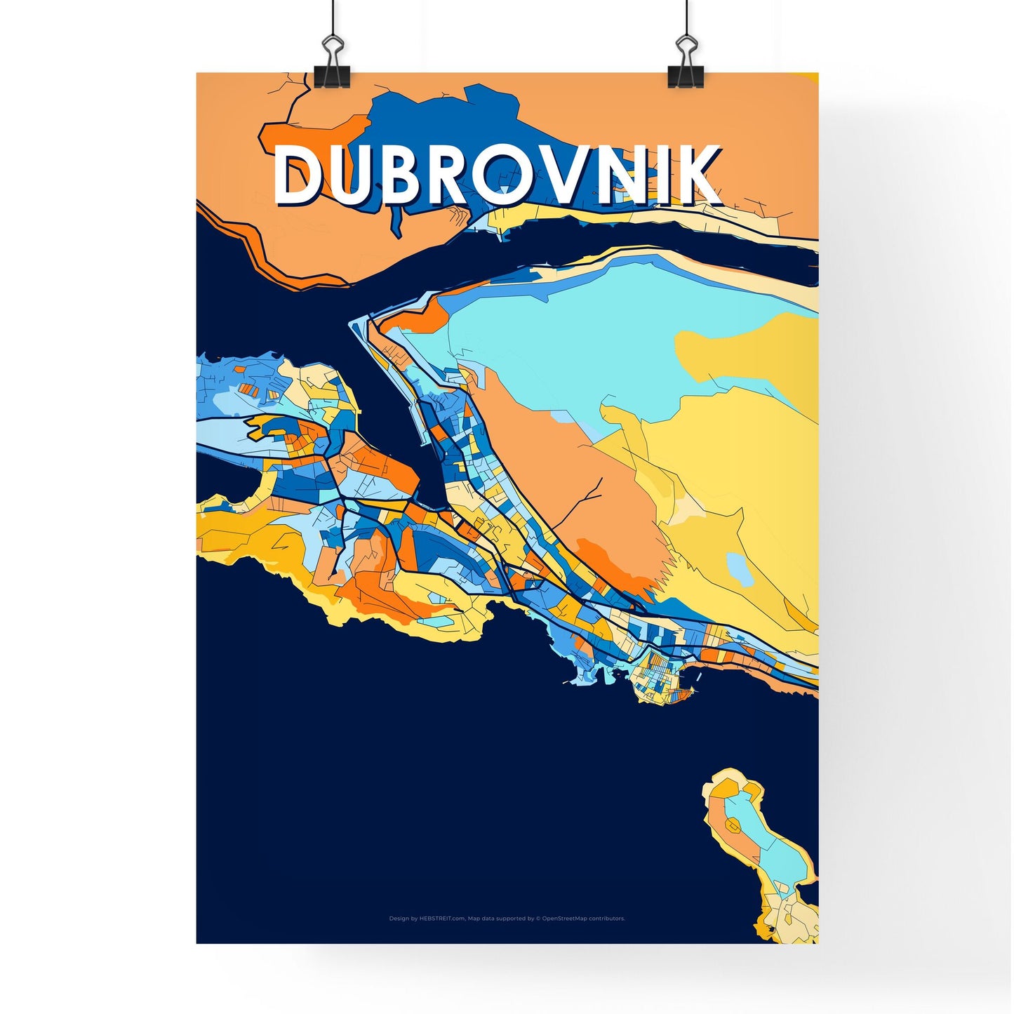 DUBROVNIK CROATIA Vibrant Colorful Art Map Poster Blue Orange