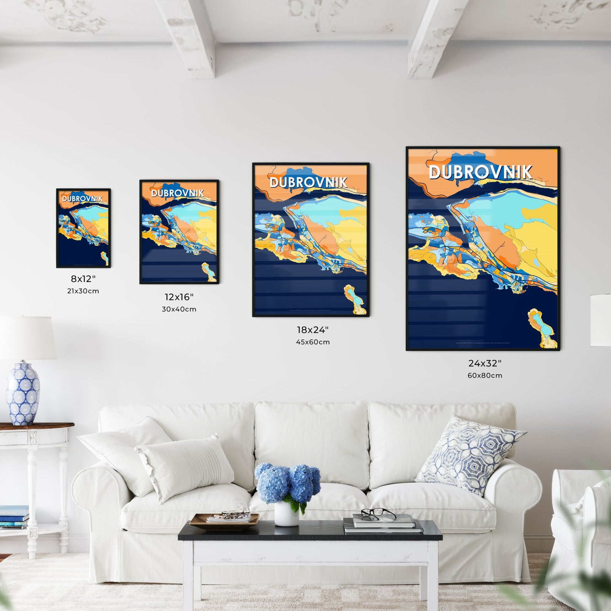 DUBROVNIK CROATIA Vibrant Colorful Art Map Poster Blue Orange