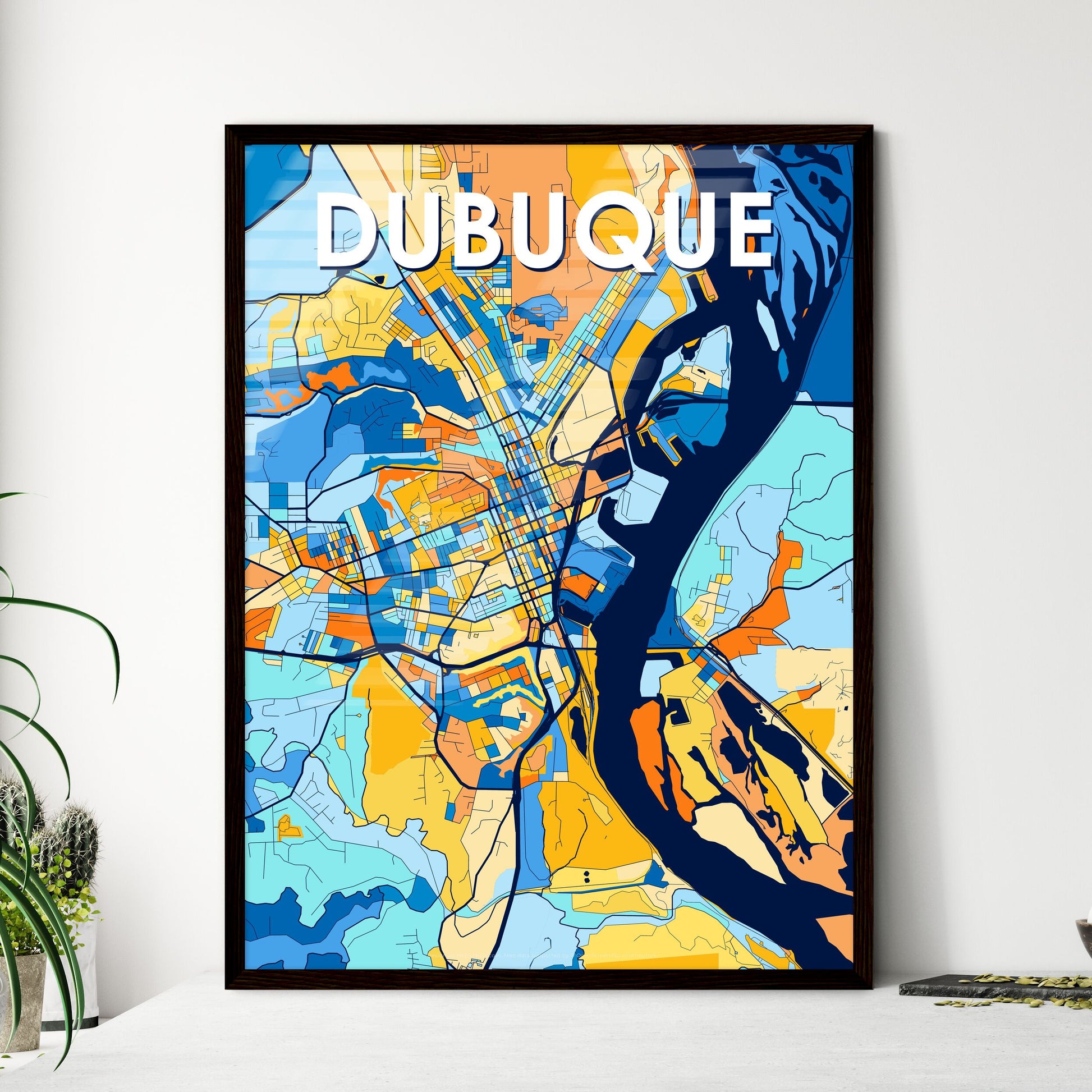 DUBUQUE IOWA Vibrant Colorful Art Map Poster Blue Orange