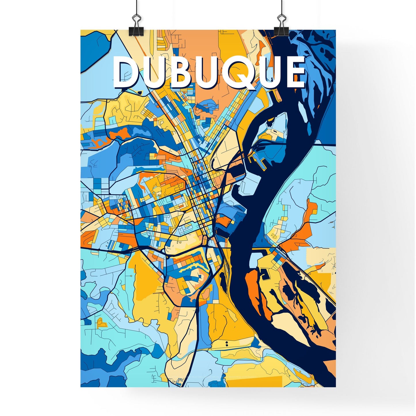 DUBUQUE IOWA Vibrant Colorful Art Map Poster Blue Orange