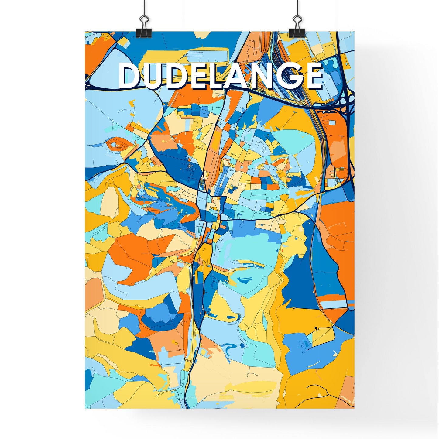 DUDELANGE LUXEMBOURG Vibrant Colorful Art Map Poster Blue Orange