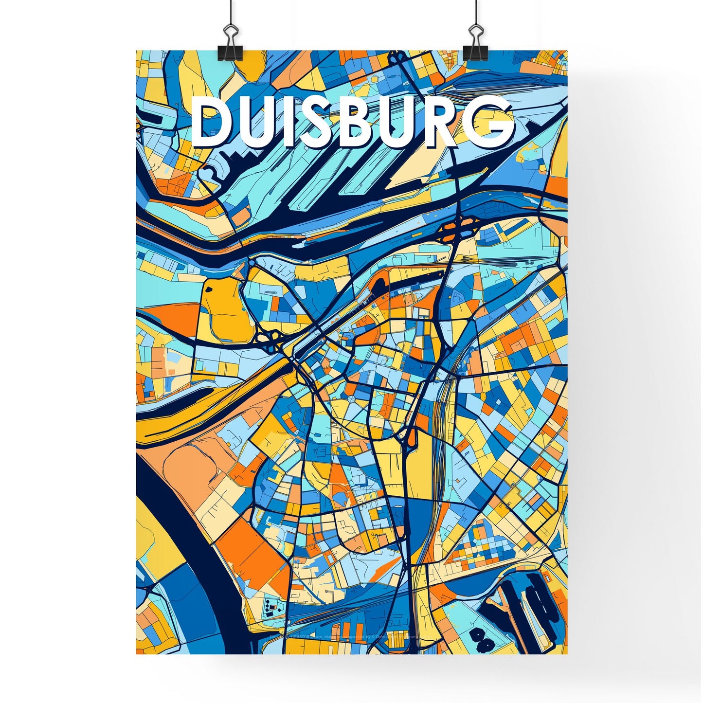 DUISBURG GERMANY Vibrant Colorful Art Map Poster Blue Orange