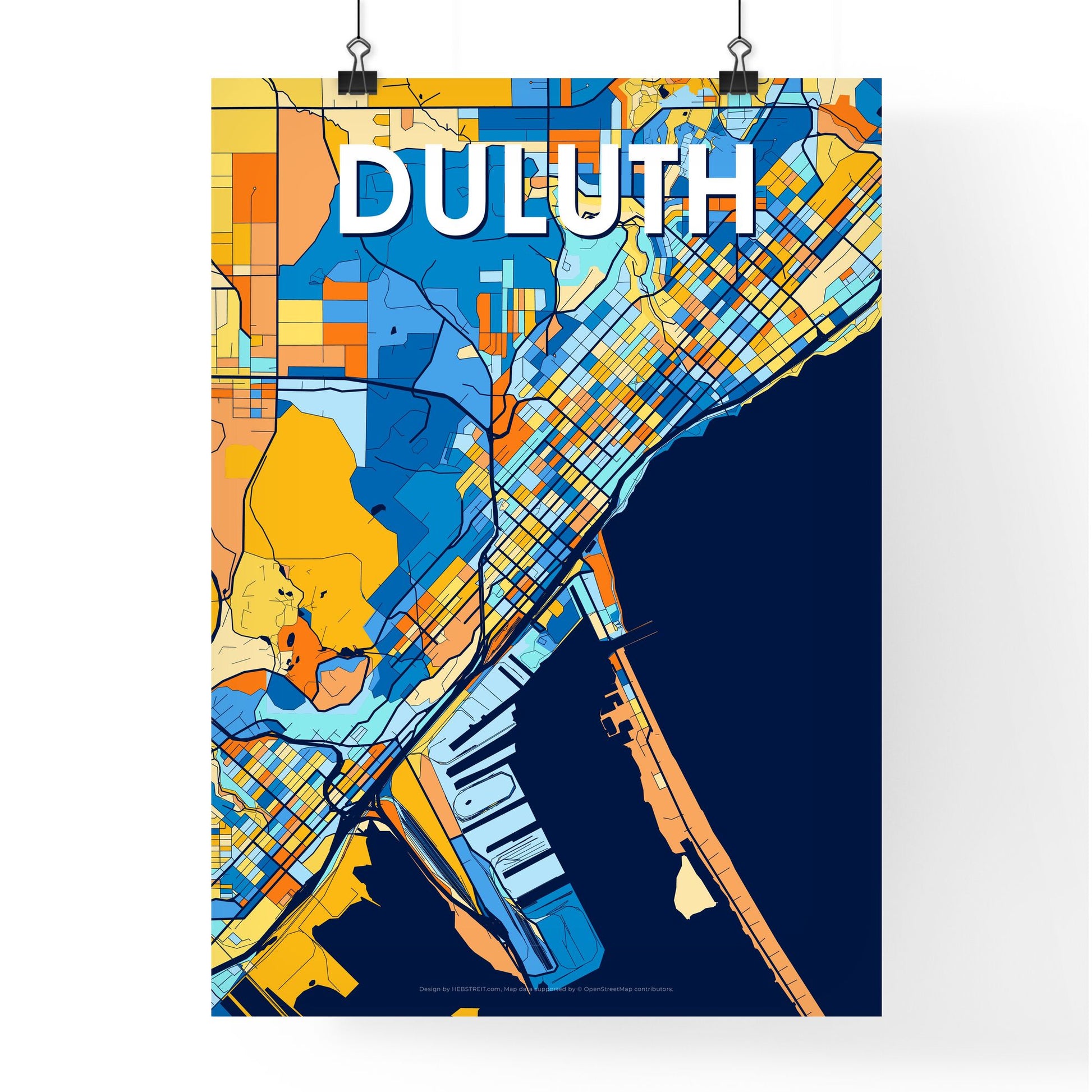 DULUTH MINNESOTA Vibrant Colorful Art Map Poster Blue Orange