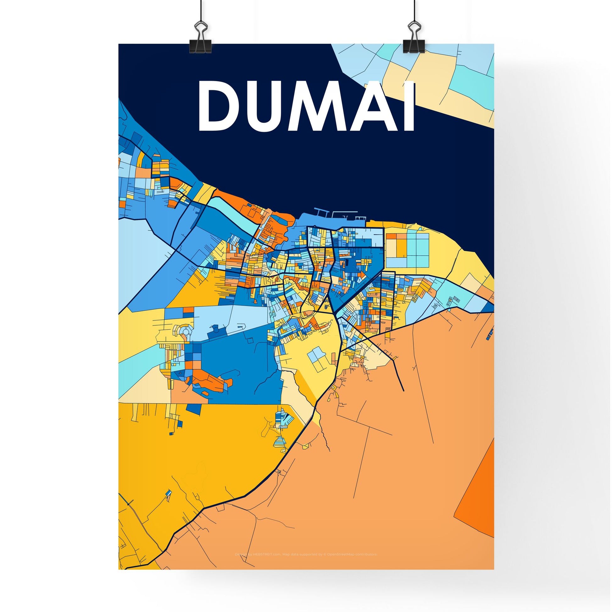 DUMAI INDONESIA Vibrant Colorful Art Map Poster Blue Orange