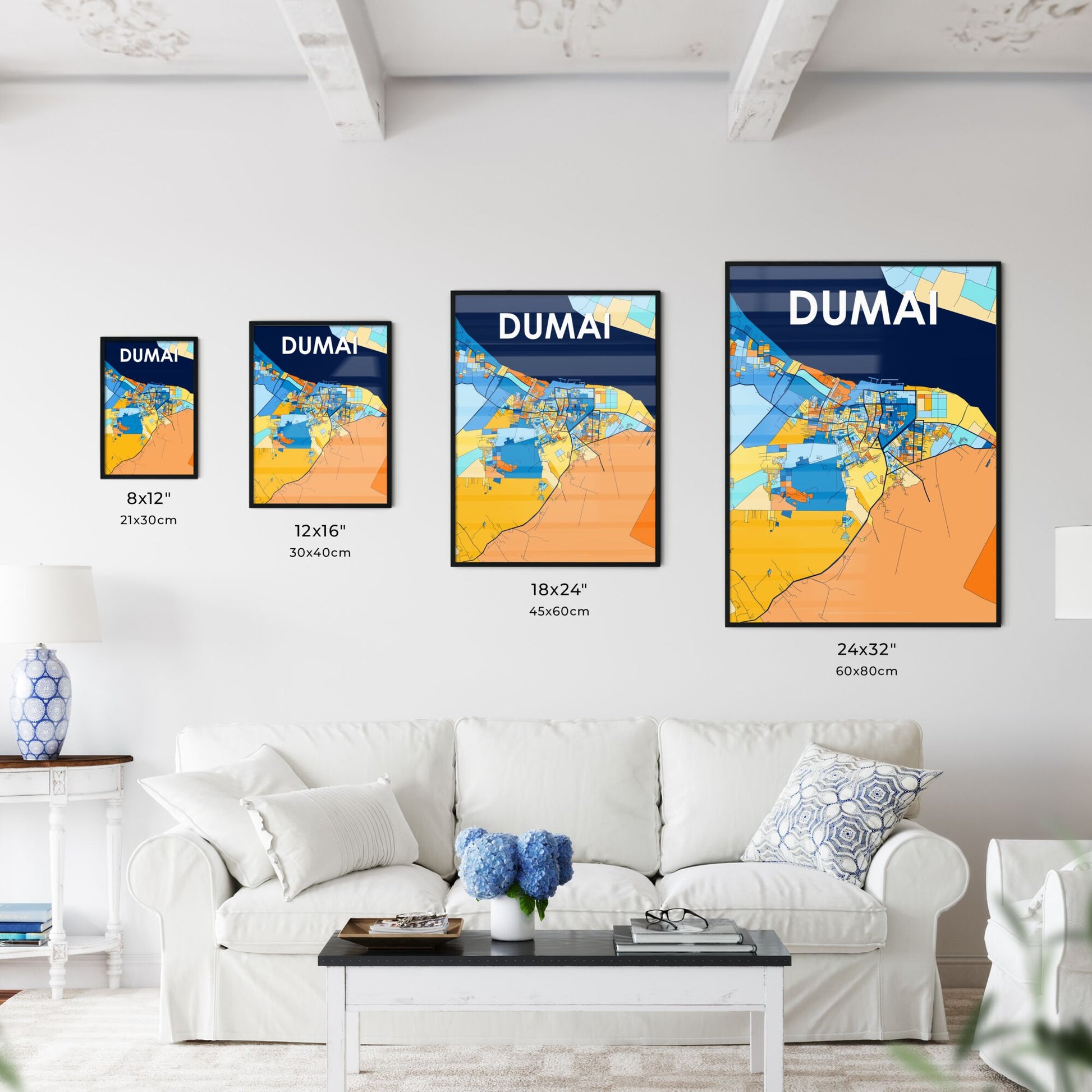 DUMAI INDONESIA Vibrant Colorful Art Map Poster Blue Orange