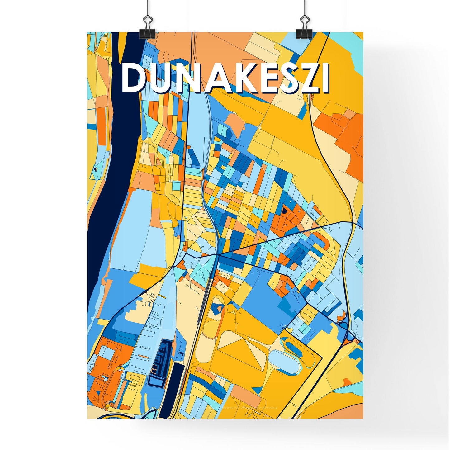 DUNAKESZI HUNGARY Vibrant Colorful Art Map Poster Blue Orange