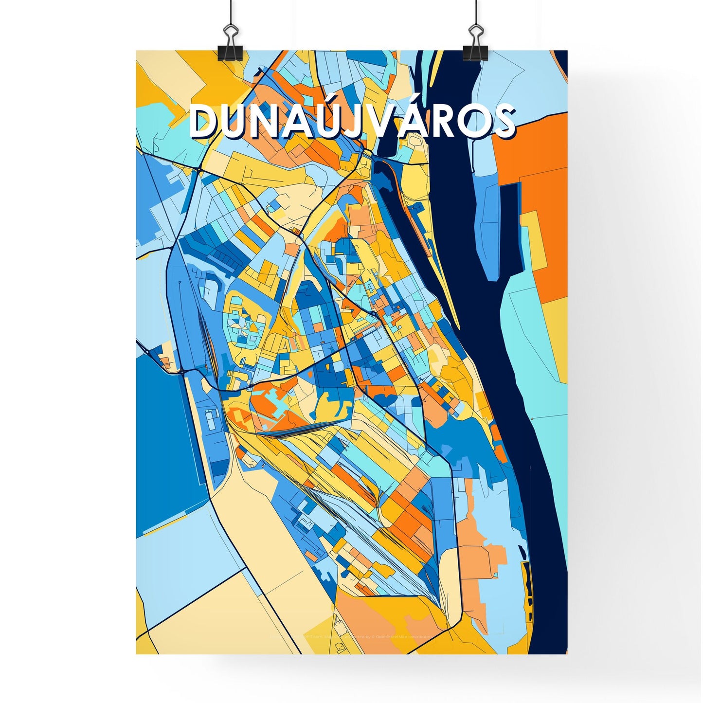 DUNAÚJVÁROS HUNGARY Vibrant Colorful Art Map Poster Blue Orange