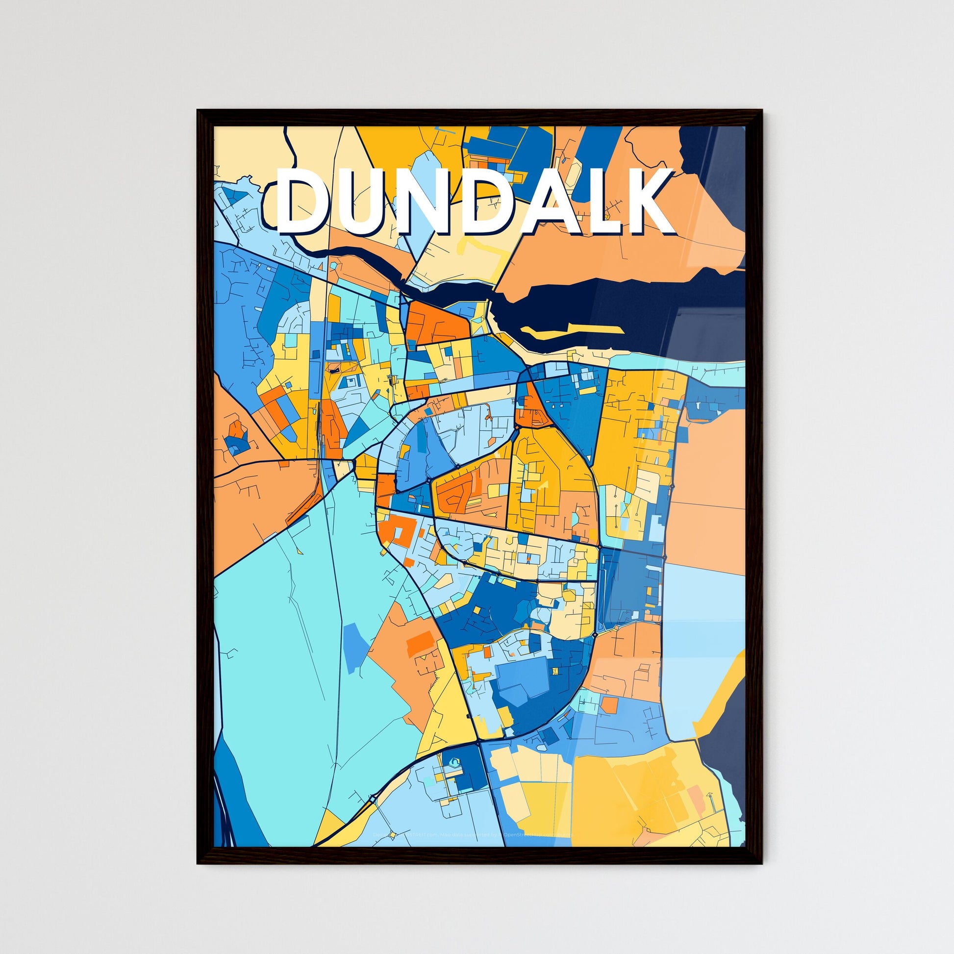 DUNDALK IRELAND Vibrant Colorful Art Map Poster Blue Orange