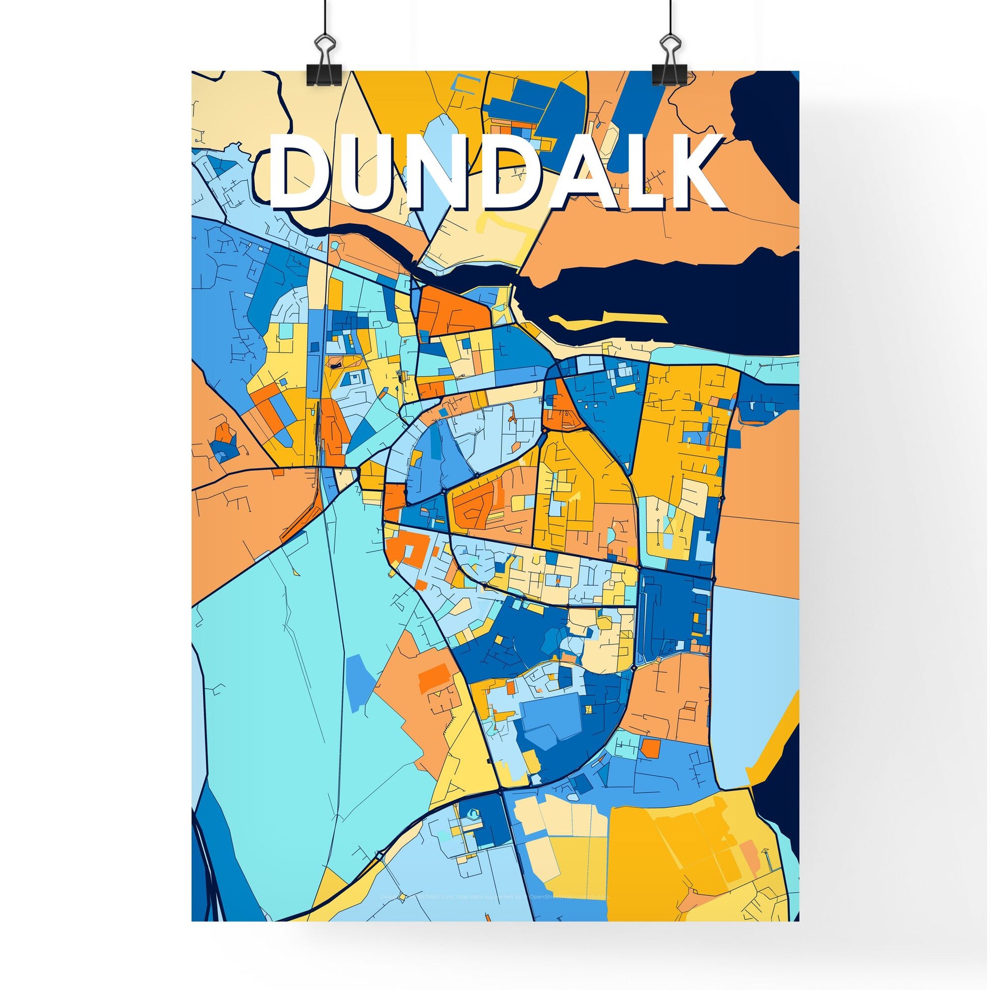 DUNDALK IRELAND Vibrant Colorful Art Map Poster Blue Orange