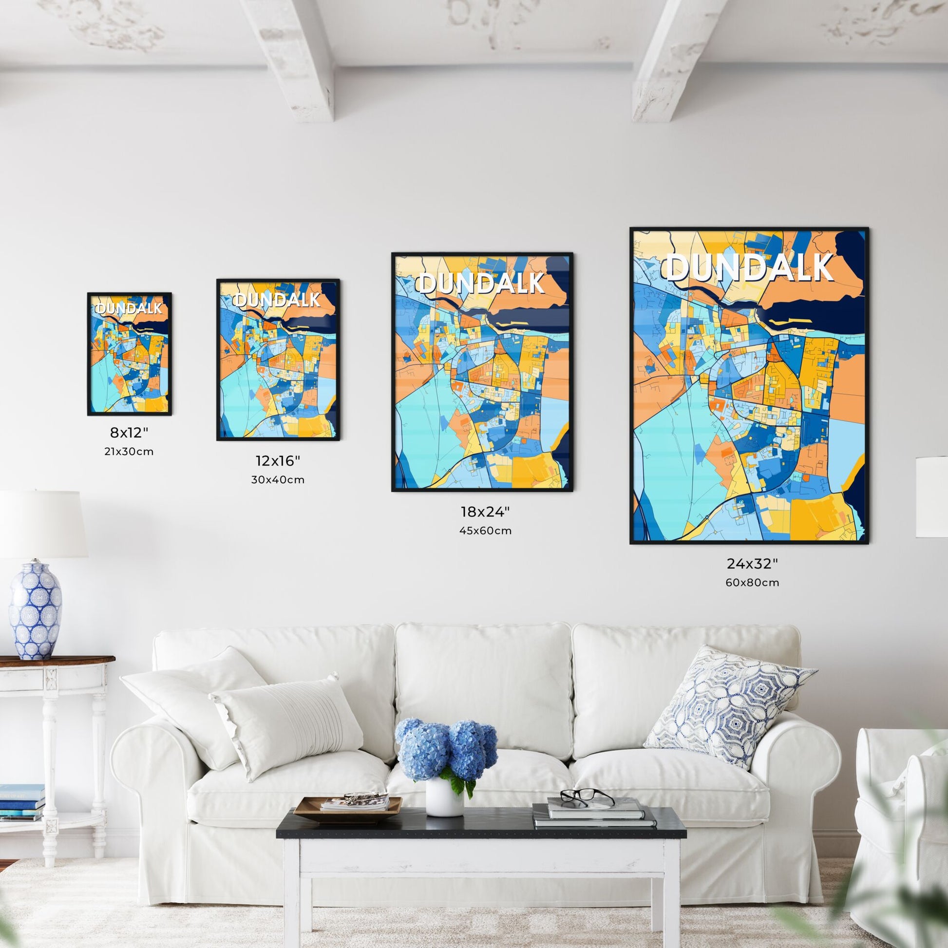 DUNDALK IRELAND Vibrant Colorful Art Map Poster Blue Orange