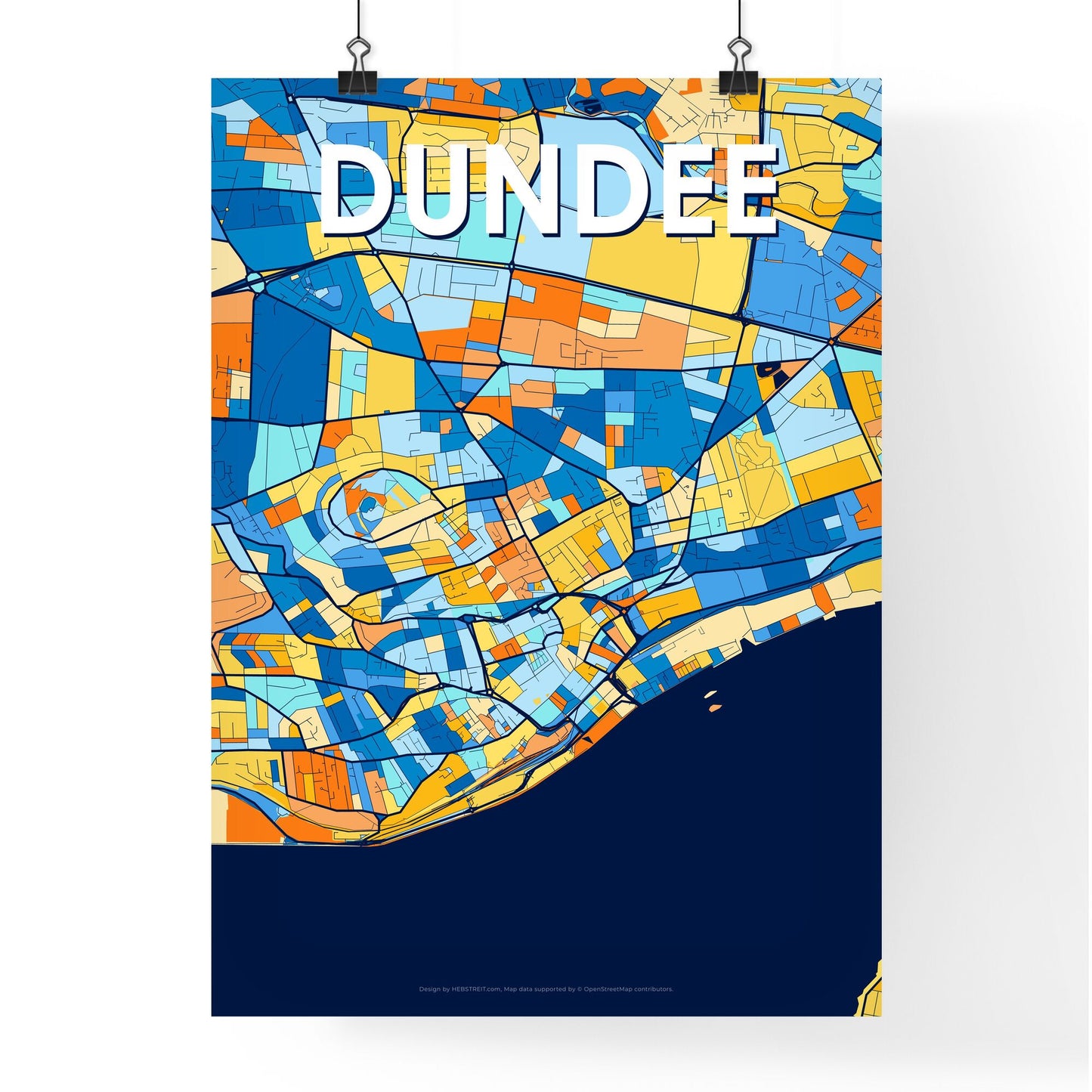 DUNDEE SCOTLAND Vibrant Colorful Art Map Poster Blue Orange