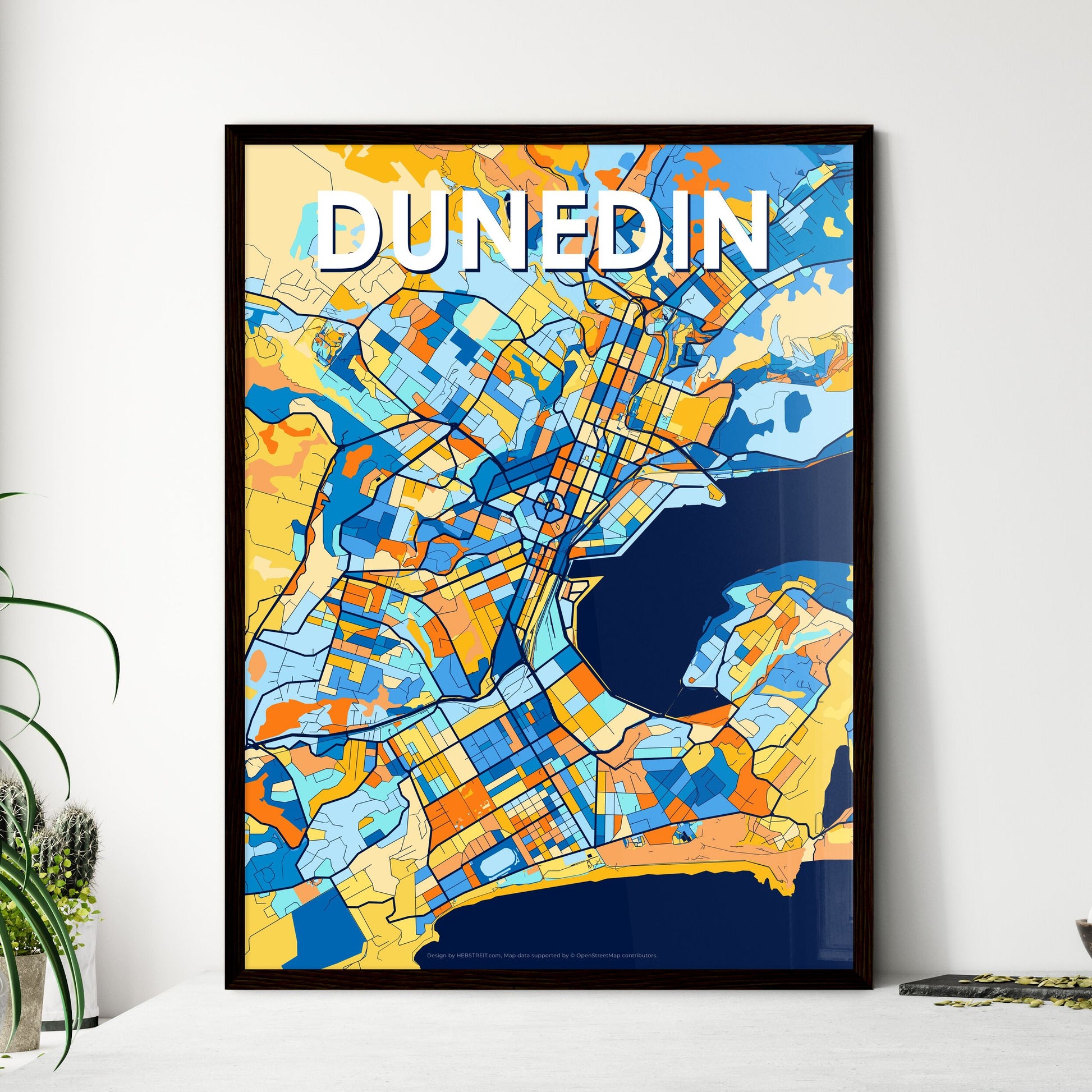 DUNEDIN NEW ZEALAND Vibrant Colorful Art Map Poster Blue Orange