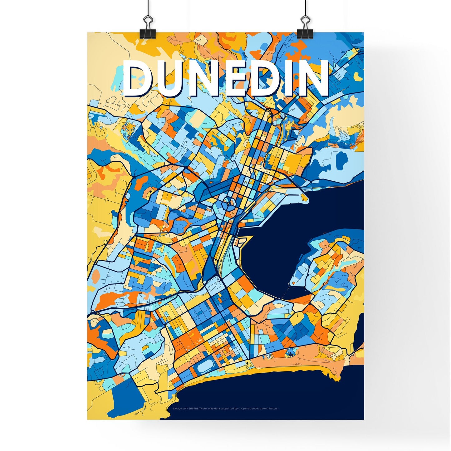 DUNEDIN NEW ZEALAND Vibrant Colorful Art Map Poster Blue Orange