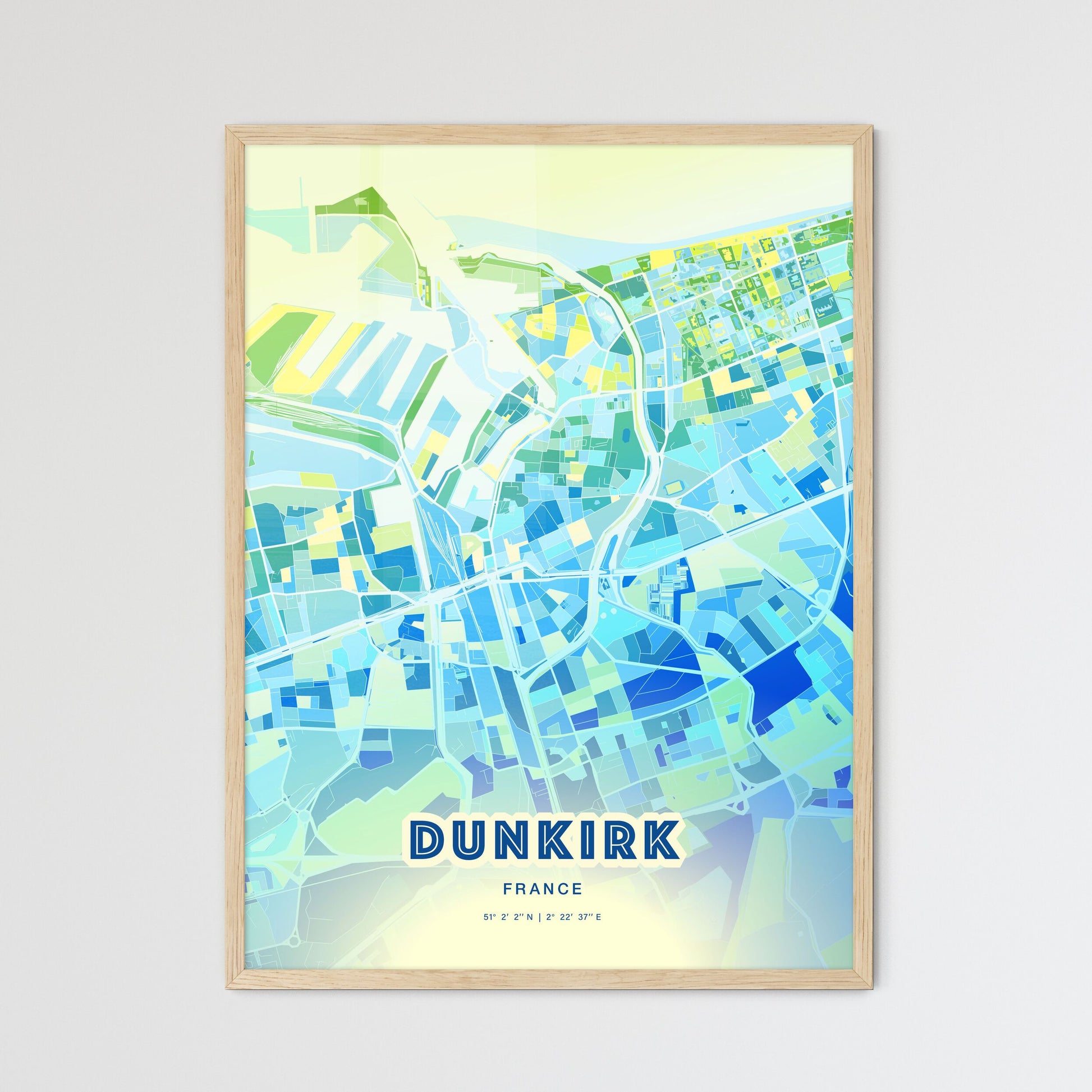 Colorful Dunkirk France Fine Art Map Cool Blue