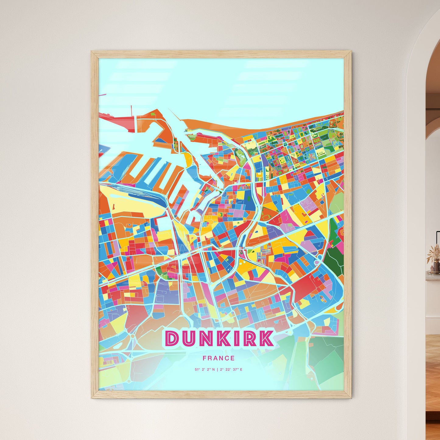 Colorful Dunkirk France Fine Art Map Crazy Colors