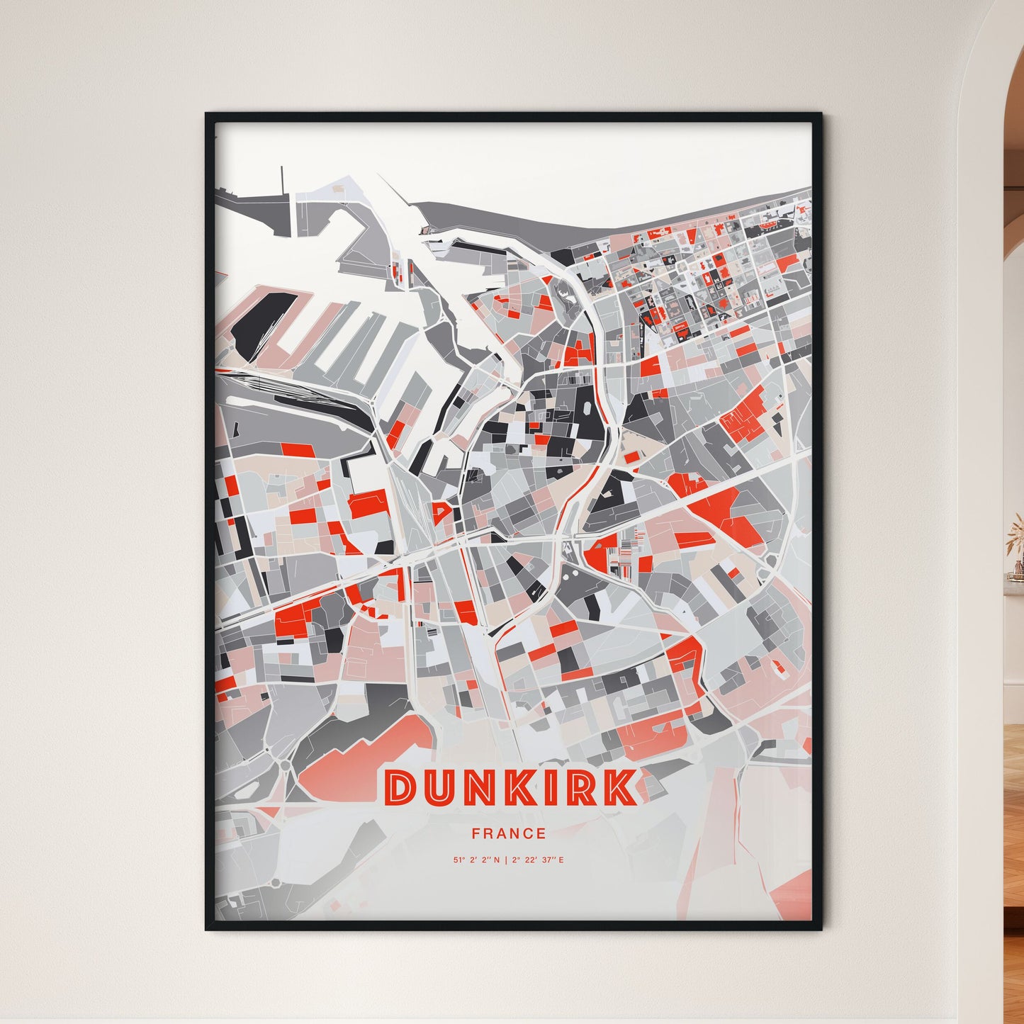 Colorful Dunkirk France Fine Art Map Modern Expressive