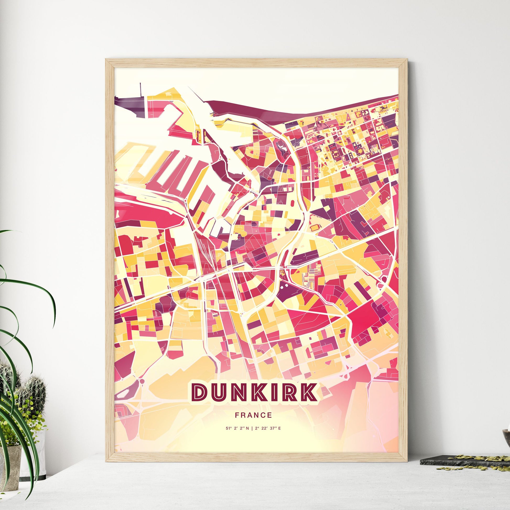 Colorful Dunkirk France Fine Art Map Hot Red