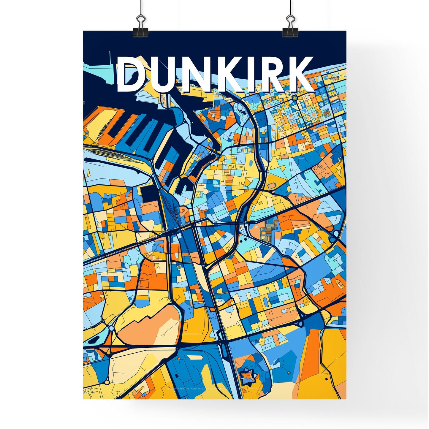 DUNKIRK FRANCE Vibrant Colorful Art Map Poster Blue Orange