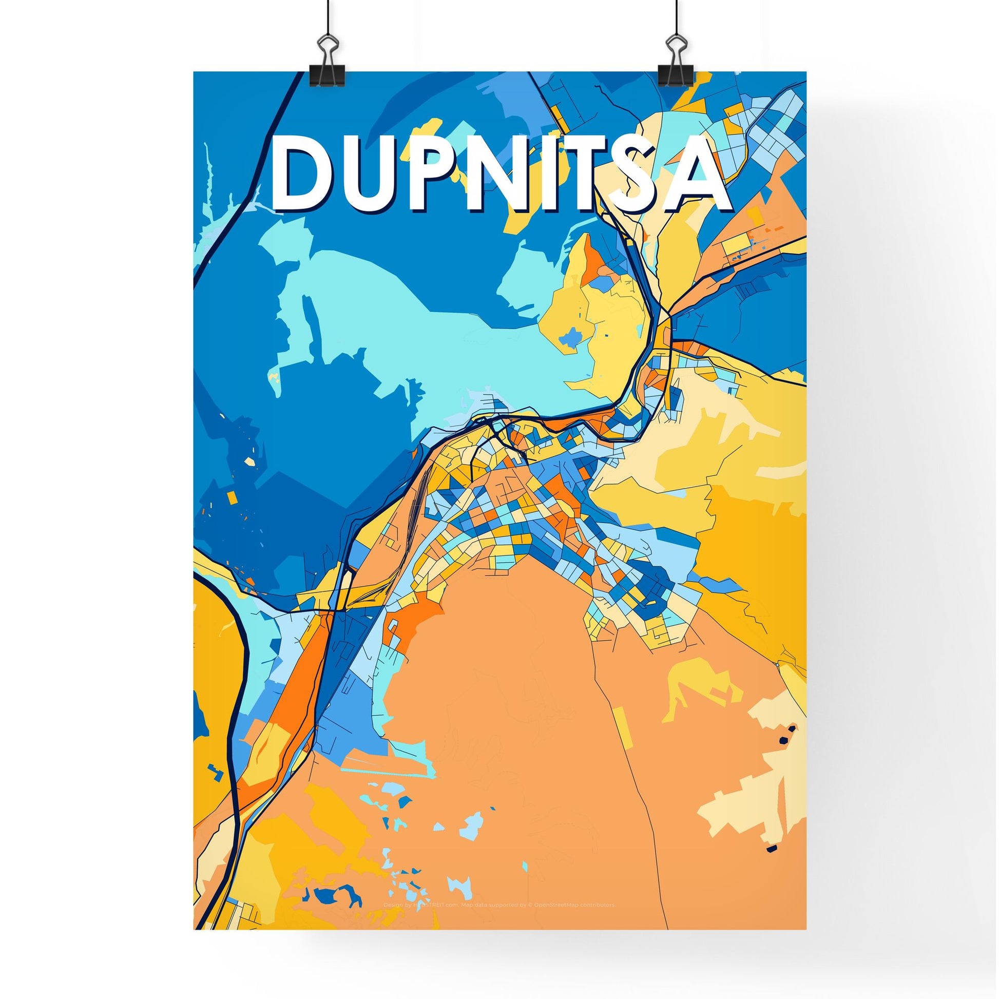 DUPNITSA BULGARIA Vibrant Colorful Art Map Poster Blue Orange