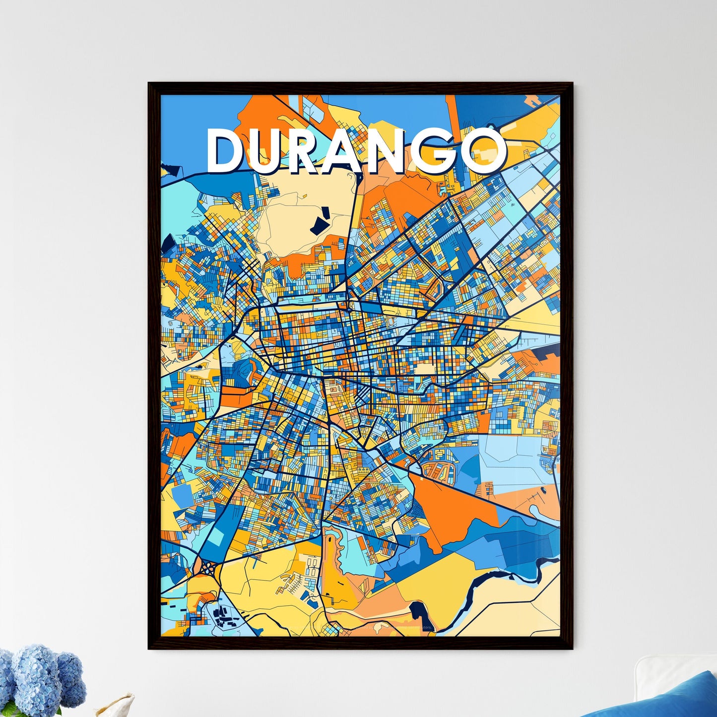 DURANGO MEXICO Vibrant Colorful Art Map Poster Blue Orange