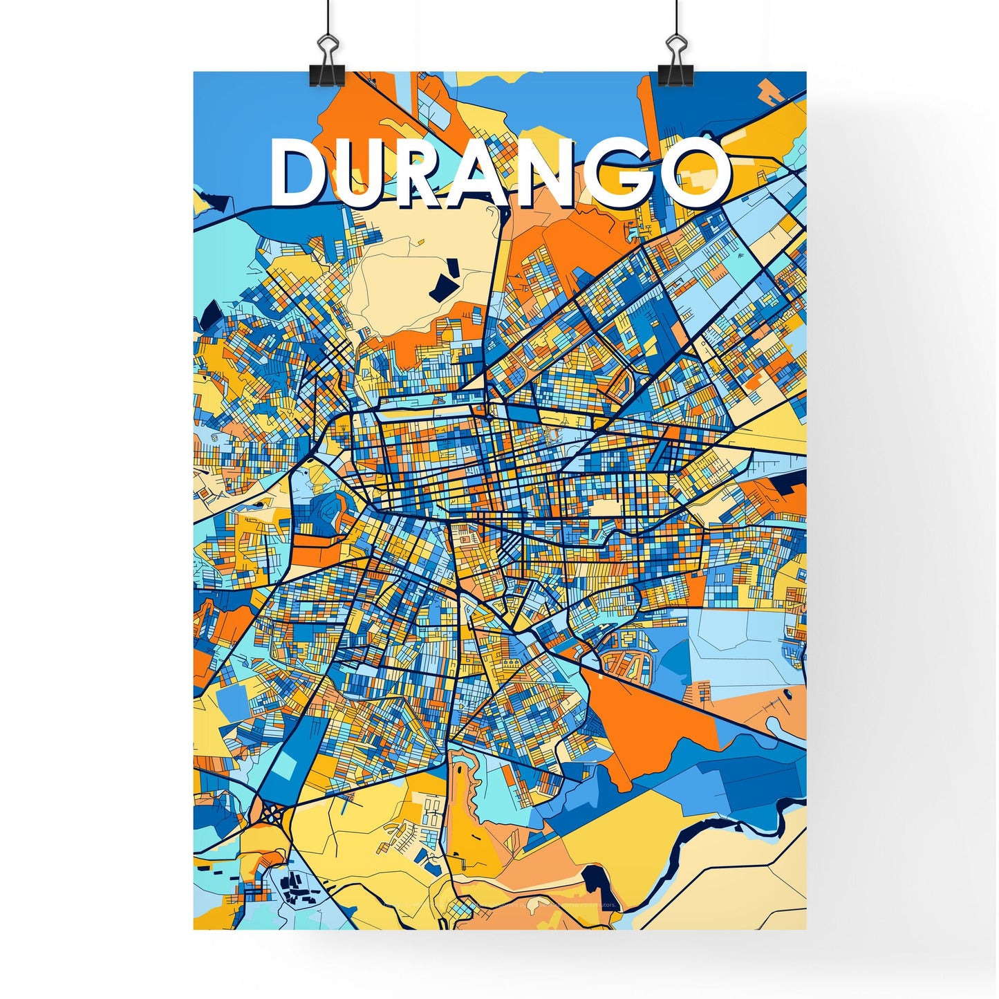 DURANGO MEXICO Vibrant Colorful Art Map Poster Blue Orange