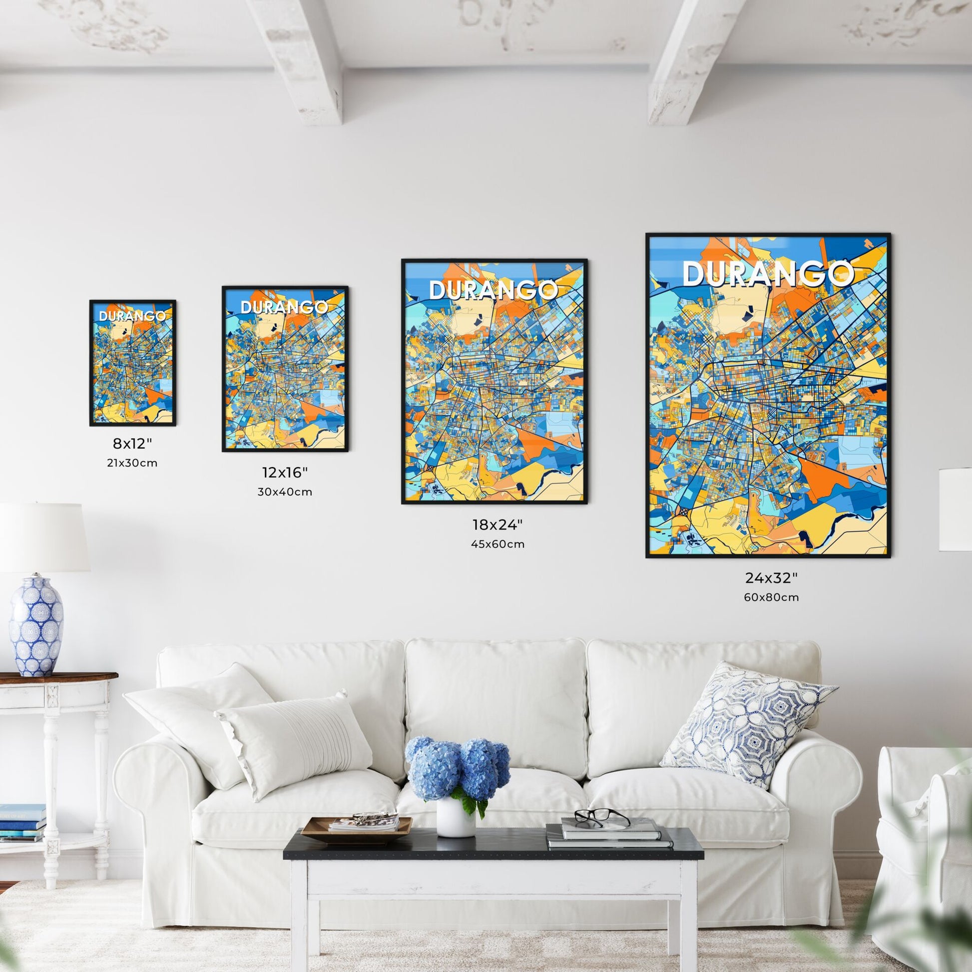 DURANGO MEXICO Vibrant Colorful Art Map Poster Blue Orange