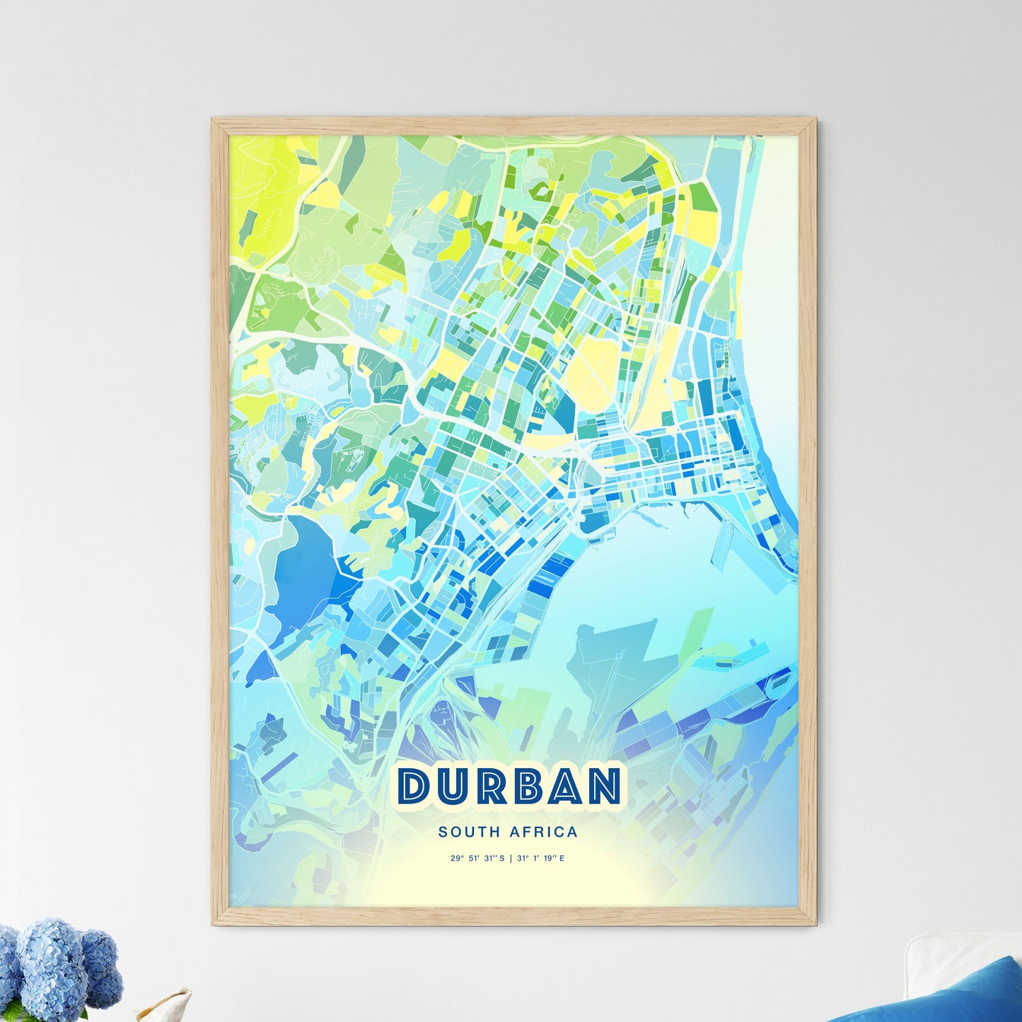 Colorful Durban South Africa Fine Art Map Cool Blue
