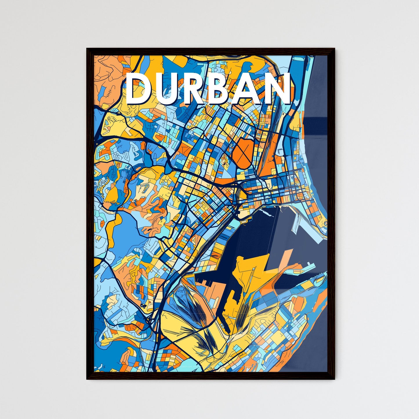 DURBAN SOUTH AFRICA Vibrant Colorful Art Map Poster Blue Orange