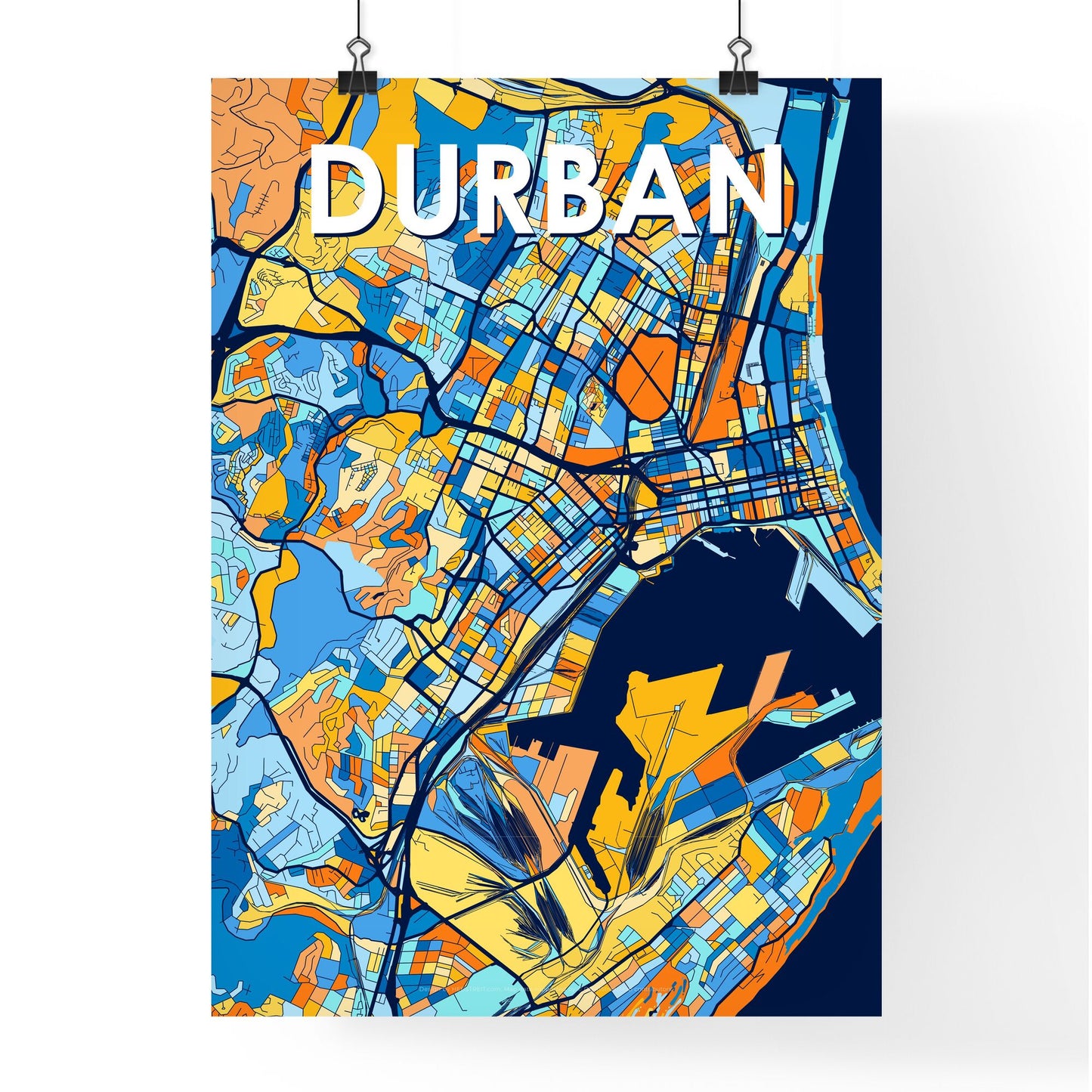 DURBAN SOUTH AFRICA Vibrant Colorful Art Map Poster Blue Orange