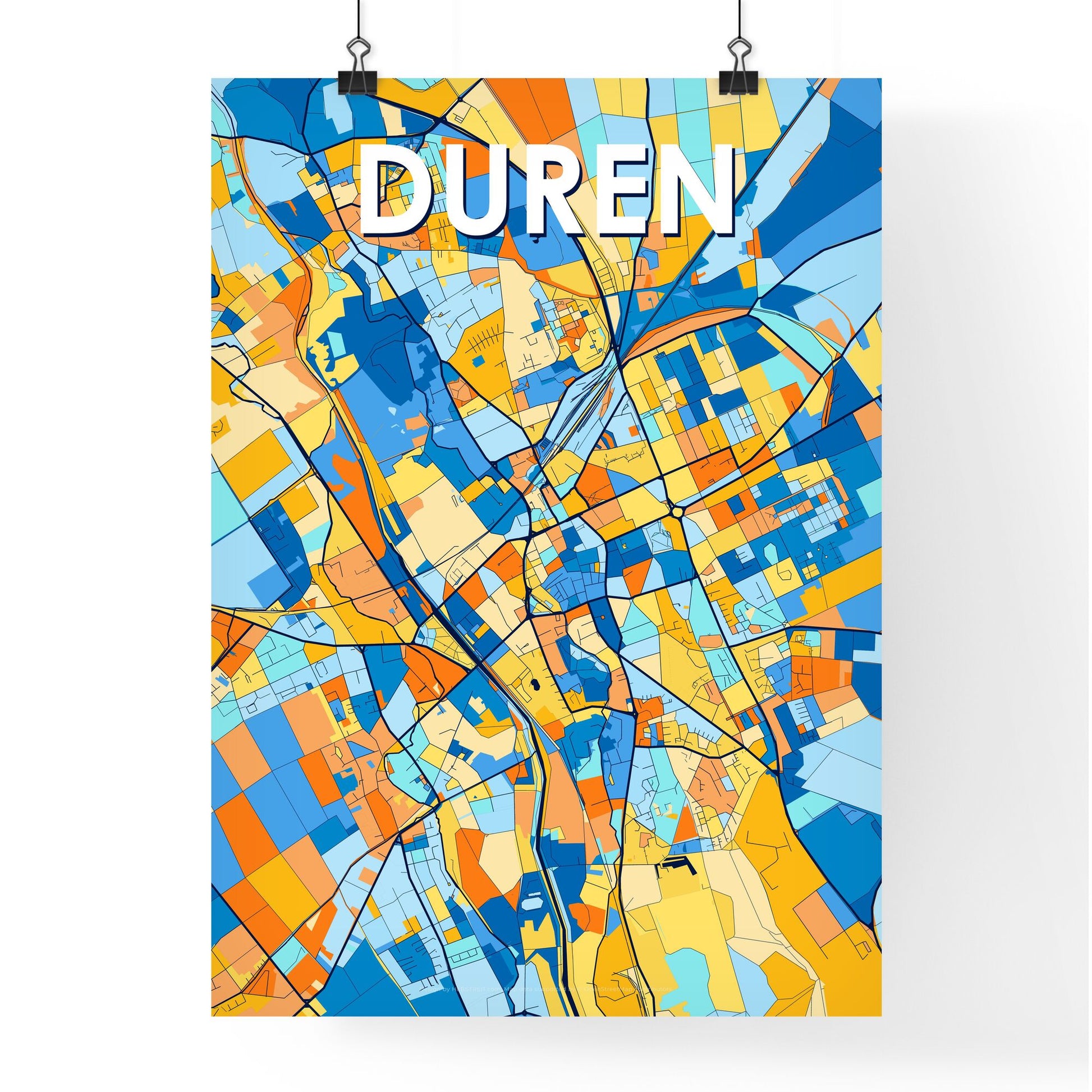 DUREN GERMANY Vibrant Colorful Art Map Poster Blue Orange