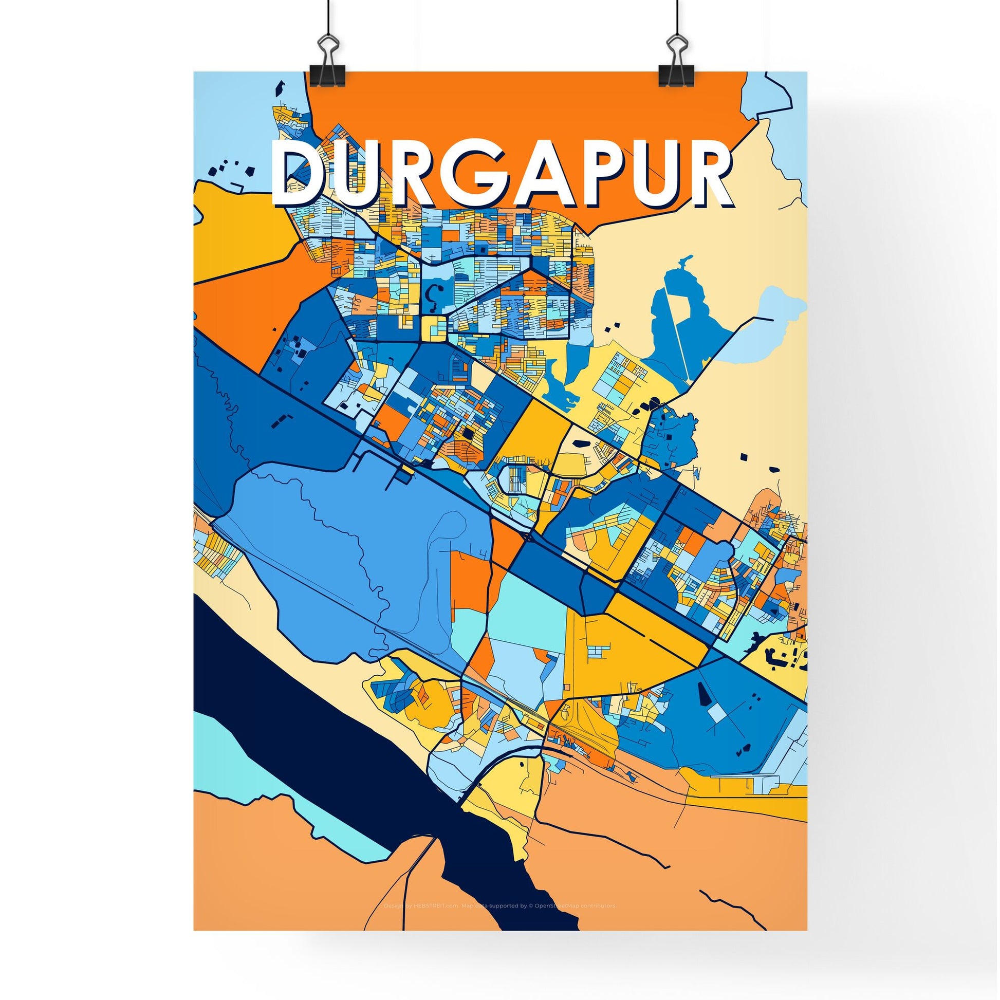 DURGAPUR INDIA Vibrant Colorful Art Map Poster Blue Orange