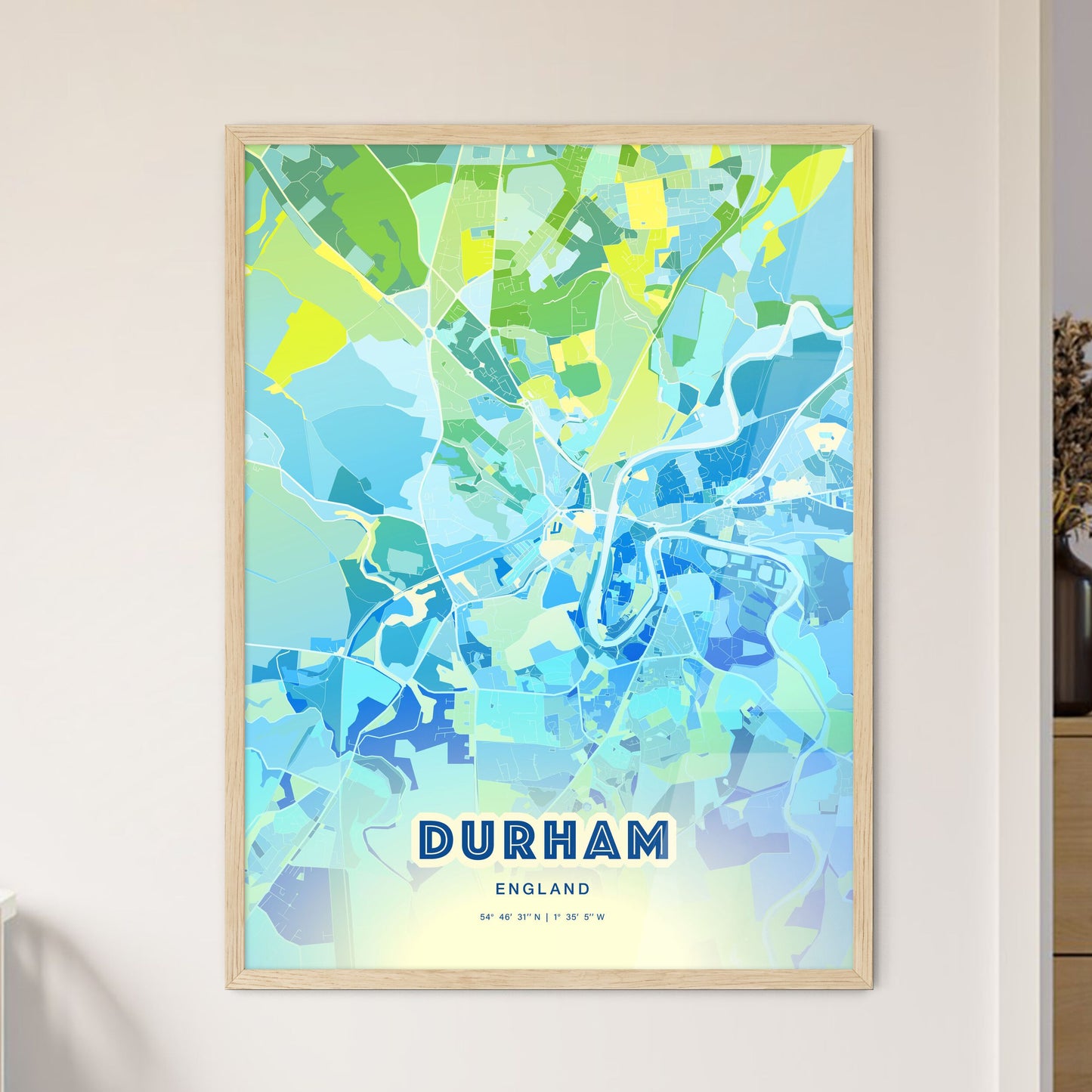Colorful Durham England Fine Art Map Cool Blue