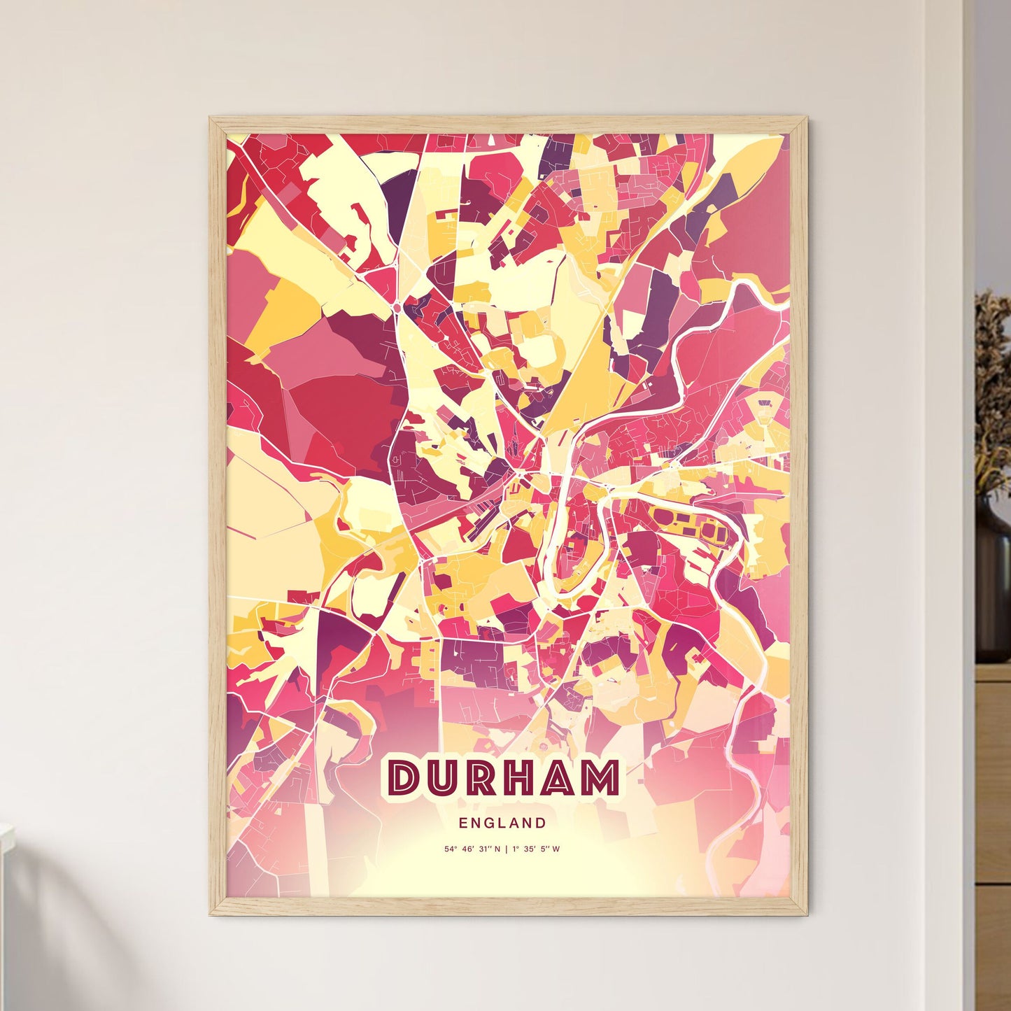 Colorful Durham England Fine Art Map Hot Red